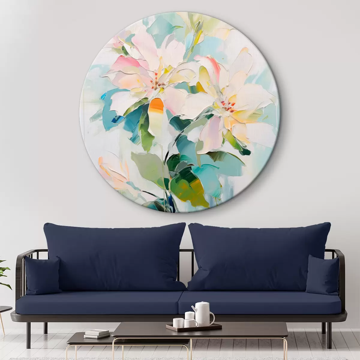 Tableaux rondes Fleurs avec accents colorés, feuilles vertes, coups de pinceau doux imitation peinture à l'huile, fond bleu clair r45549