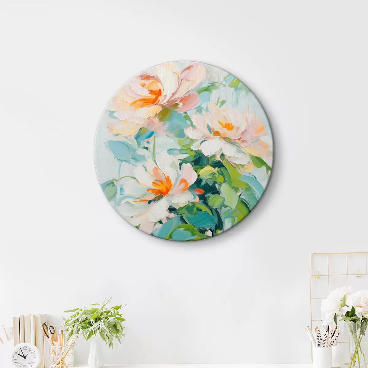 Tableaux rondes Fleurs de pêche blanches et pastel, feuilles vertes, coups de pinceau doux imitation peinture à l'huile, fond bleu clair r45550