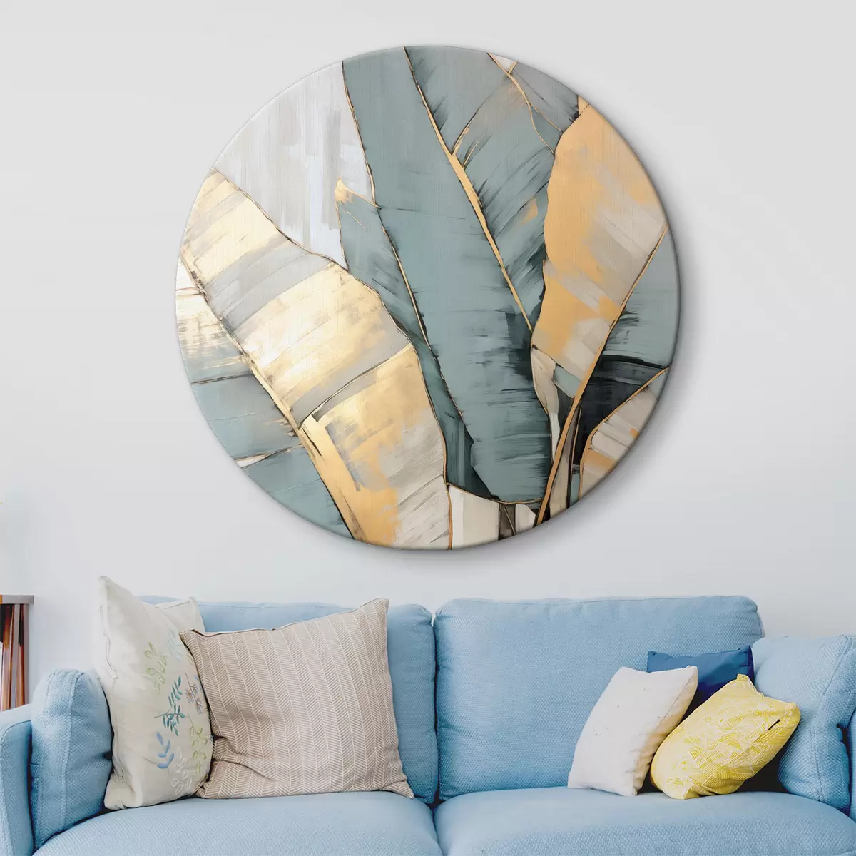 Tableaux rondes Feuilles de bananier bleues, grises et jaunes avec des coups de pinceau visibles, sur un fond blanc abstrait r45552