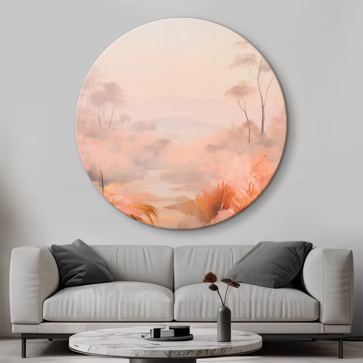 Tableaux rondes Un paysage avec des buissons et des arbres dans les tons rose, orange et marron, avec des montagnes en arrière-plan r45553