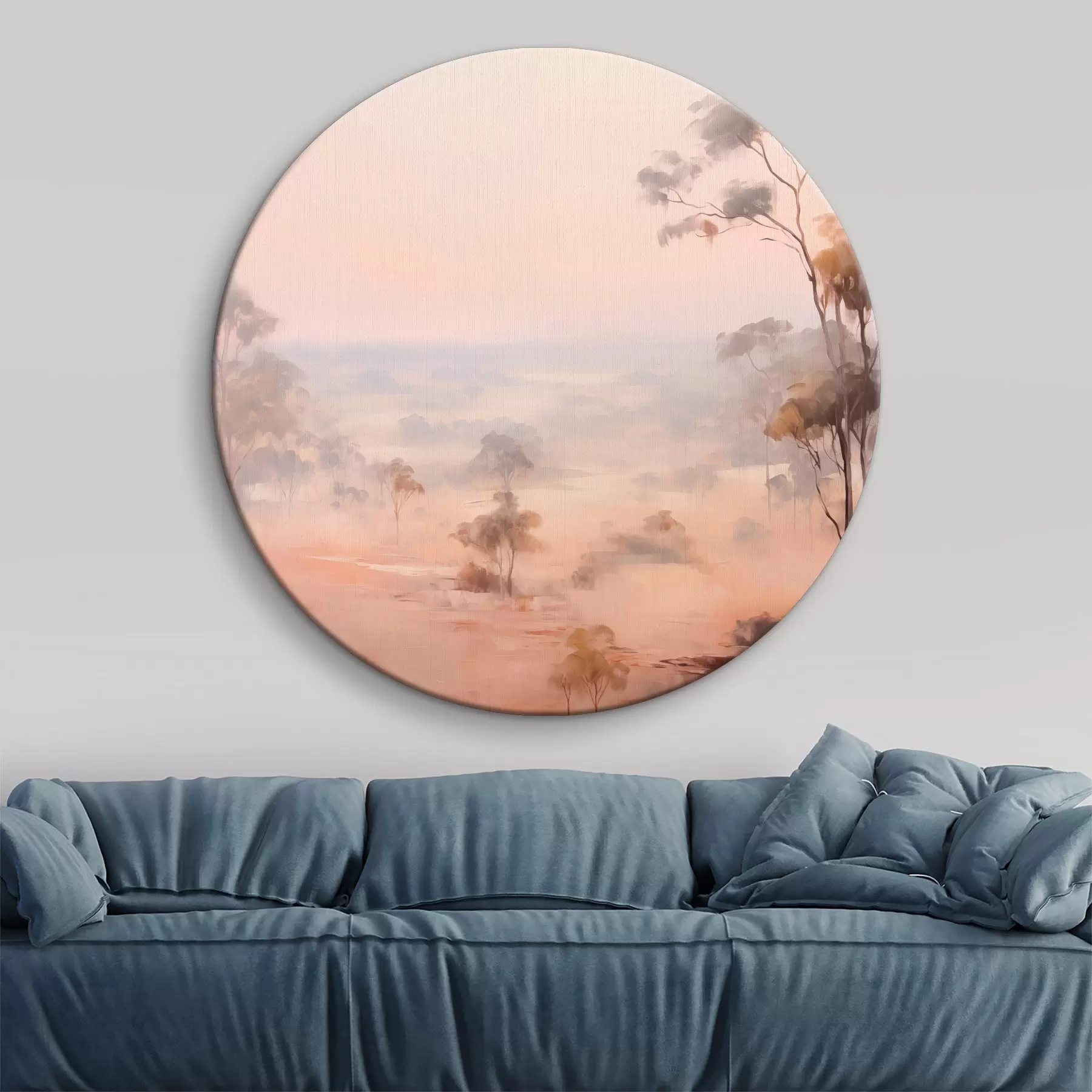 Tableau Un paysage avec des buissons et des arbres dans des tons pastel de rose, orange et brun, avec des montagnes en arrière-plan r45554