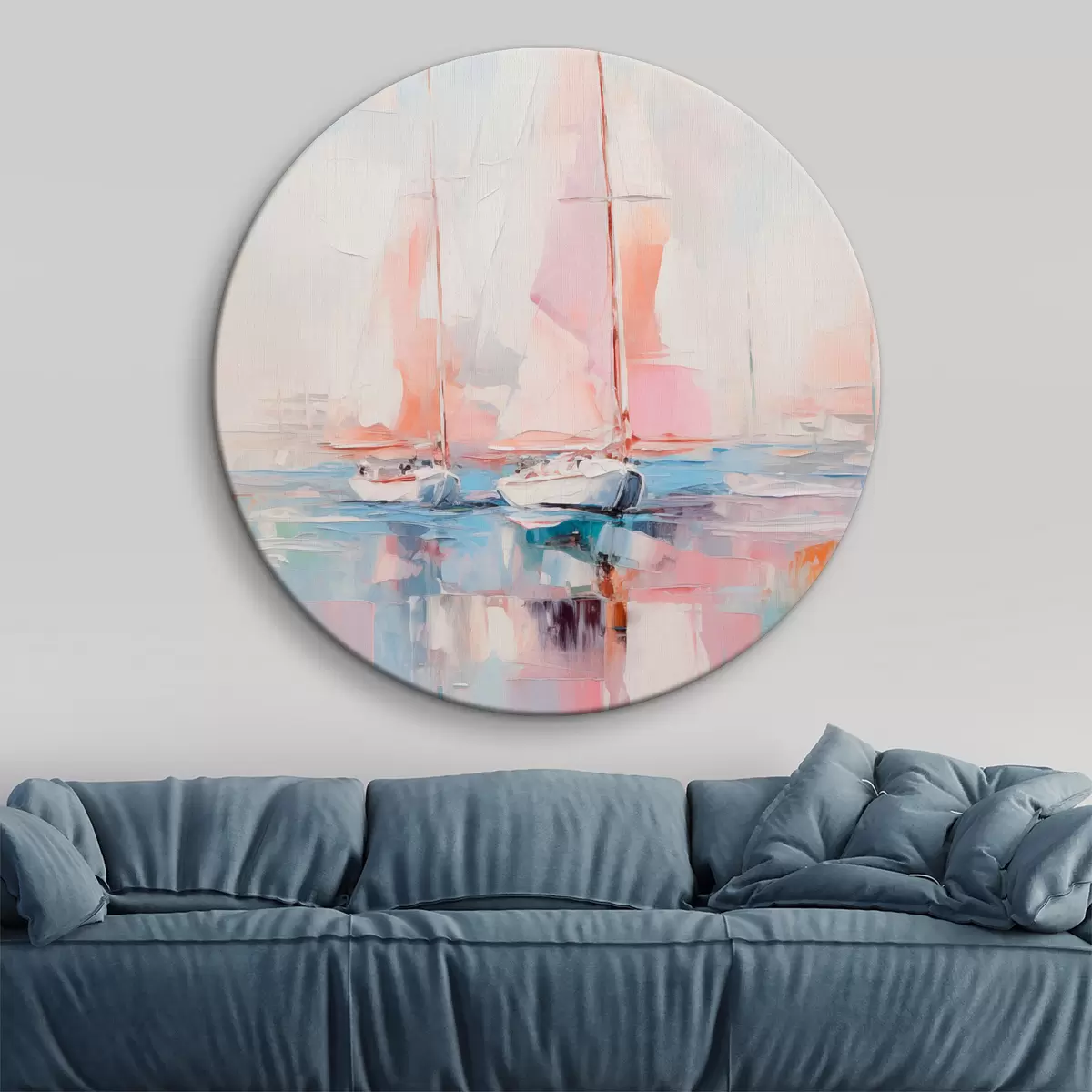 Tableaux rondes Voiliers aux voiles roses flottant sur une mer calme, reflets des bateaux dans l'eau, couleurs douces et pastel r45557