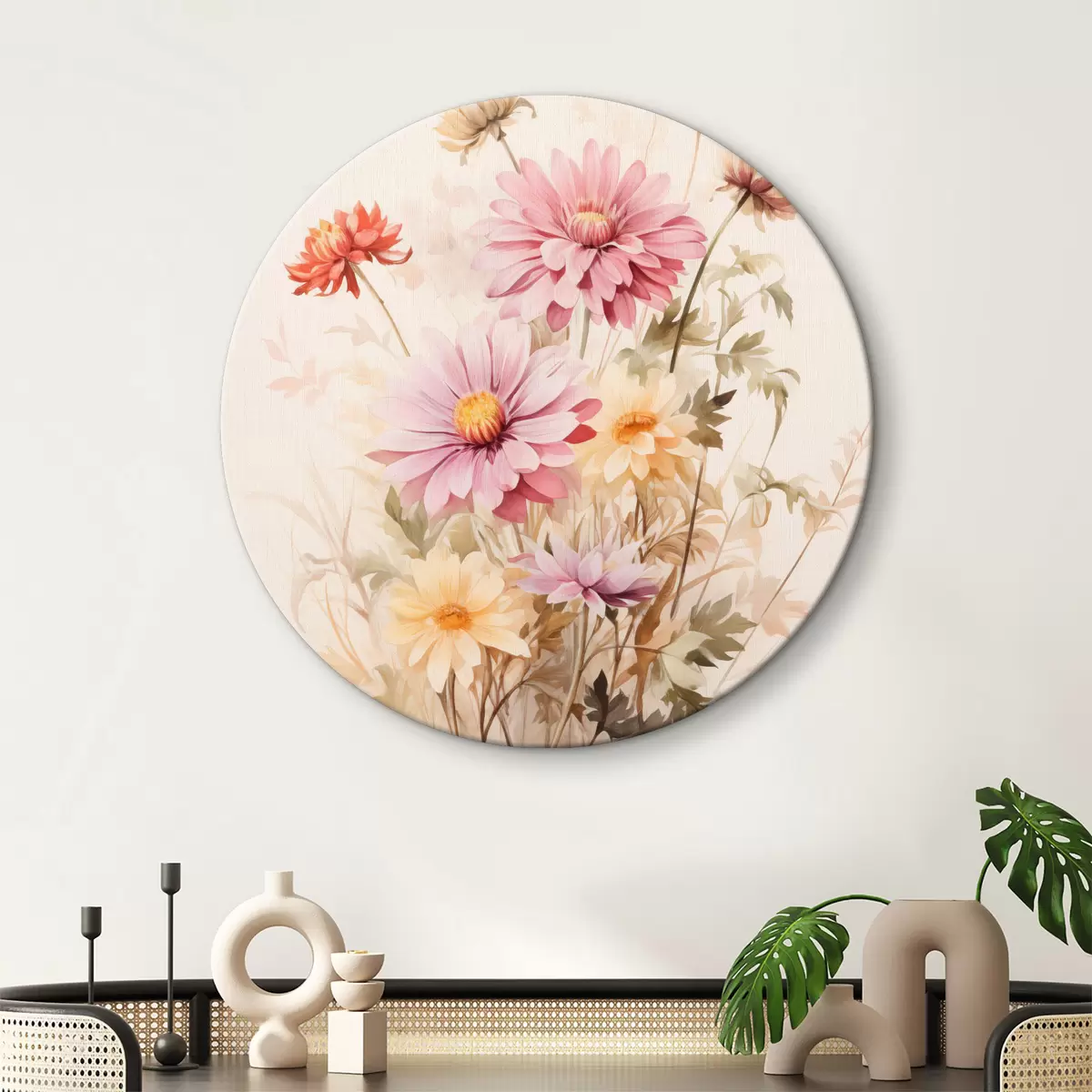 Tableaux rondes Bouquet de fleurs colorées, style aquarelle douce, sur fond clair, illustration botanique r45560