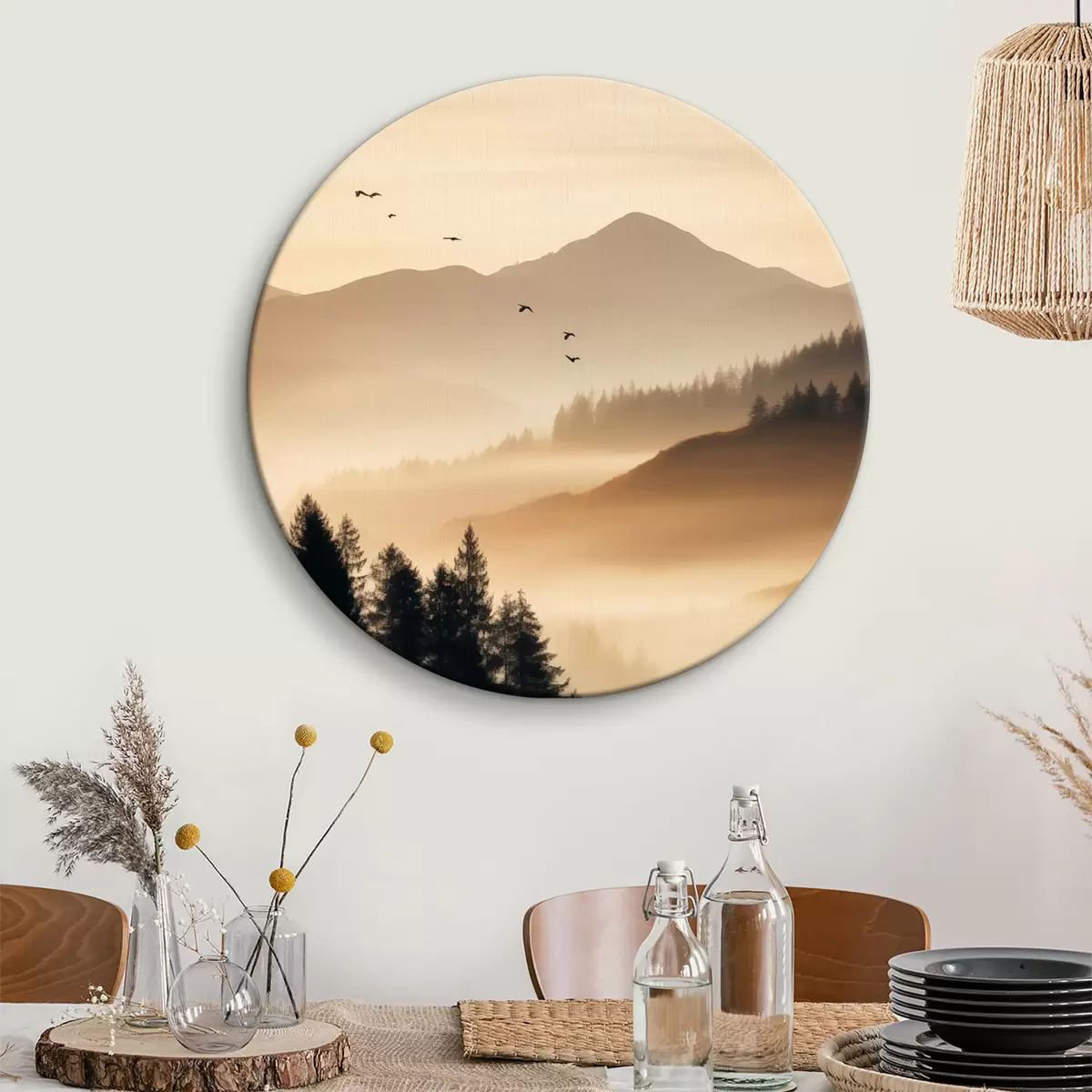 Tableaux rondes Un paysage de montagne avec une forêt et des oiseaux volant dans le ciel, le tout recouvert d'une épaisse couche de brouillard au lever du soleil r45563