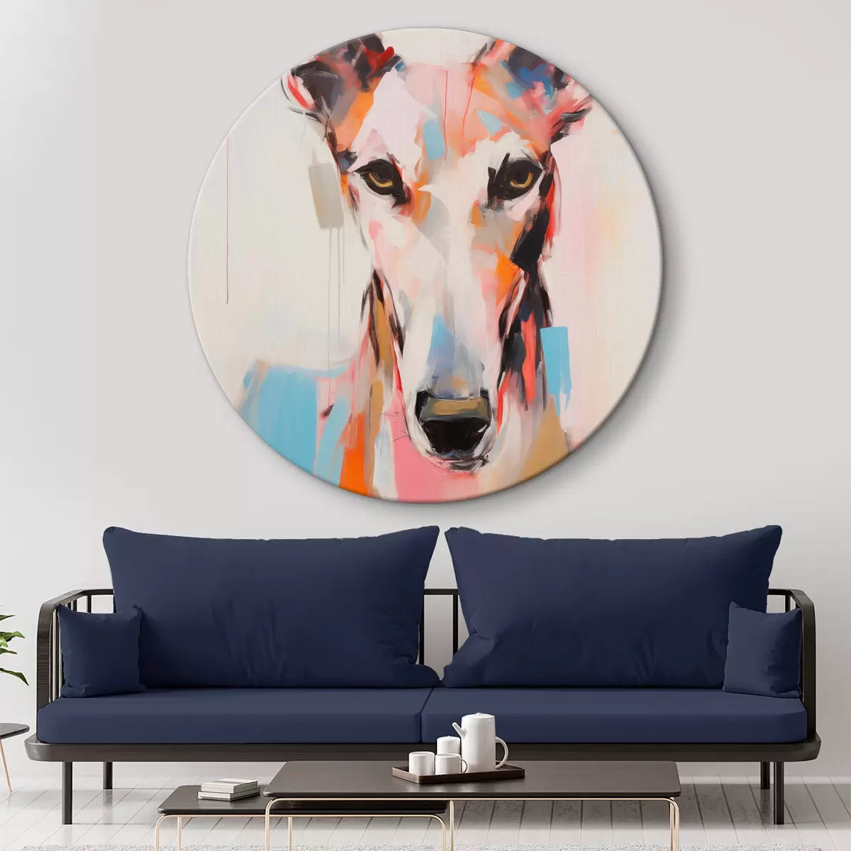 Tableaux rondes Un chien lévrier, peint avec des couleurs vives comme l'orange, le rose et le bleu, sur un fond blanc uni r45565