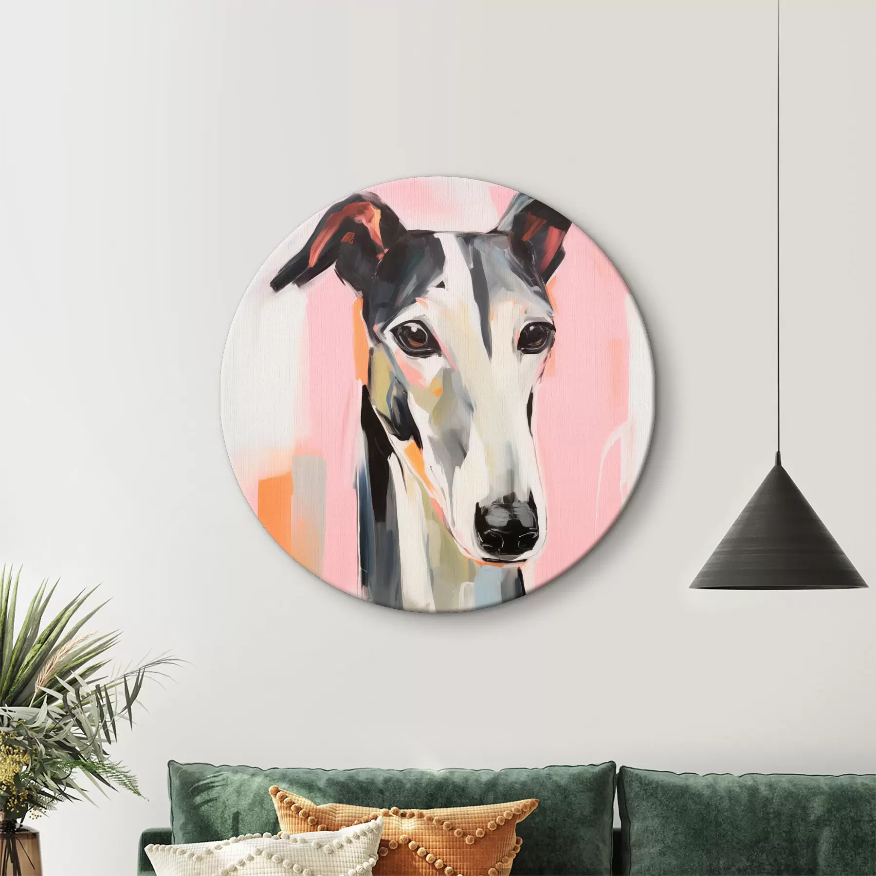 Tableau Un lévrier sur un fond de coups de pinceau roses, orange et blancs r45566