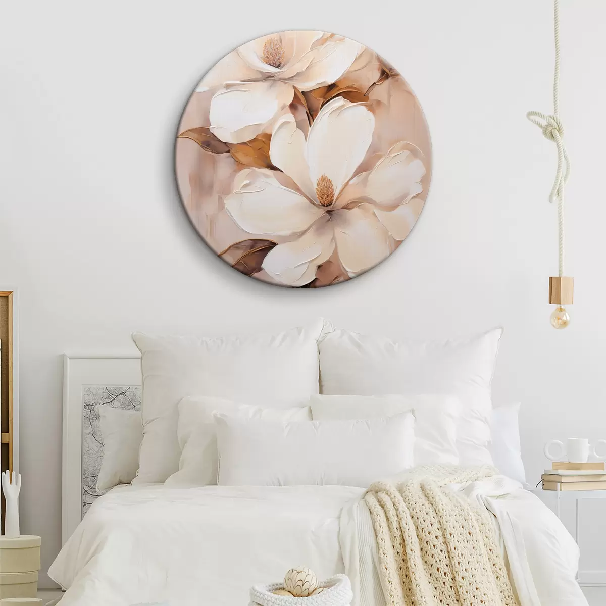 Tableaux rondes Fleurs de magnolia blanches sur un fond doux et flou de tons beiges et bruns, style peinture r45572