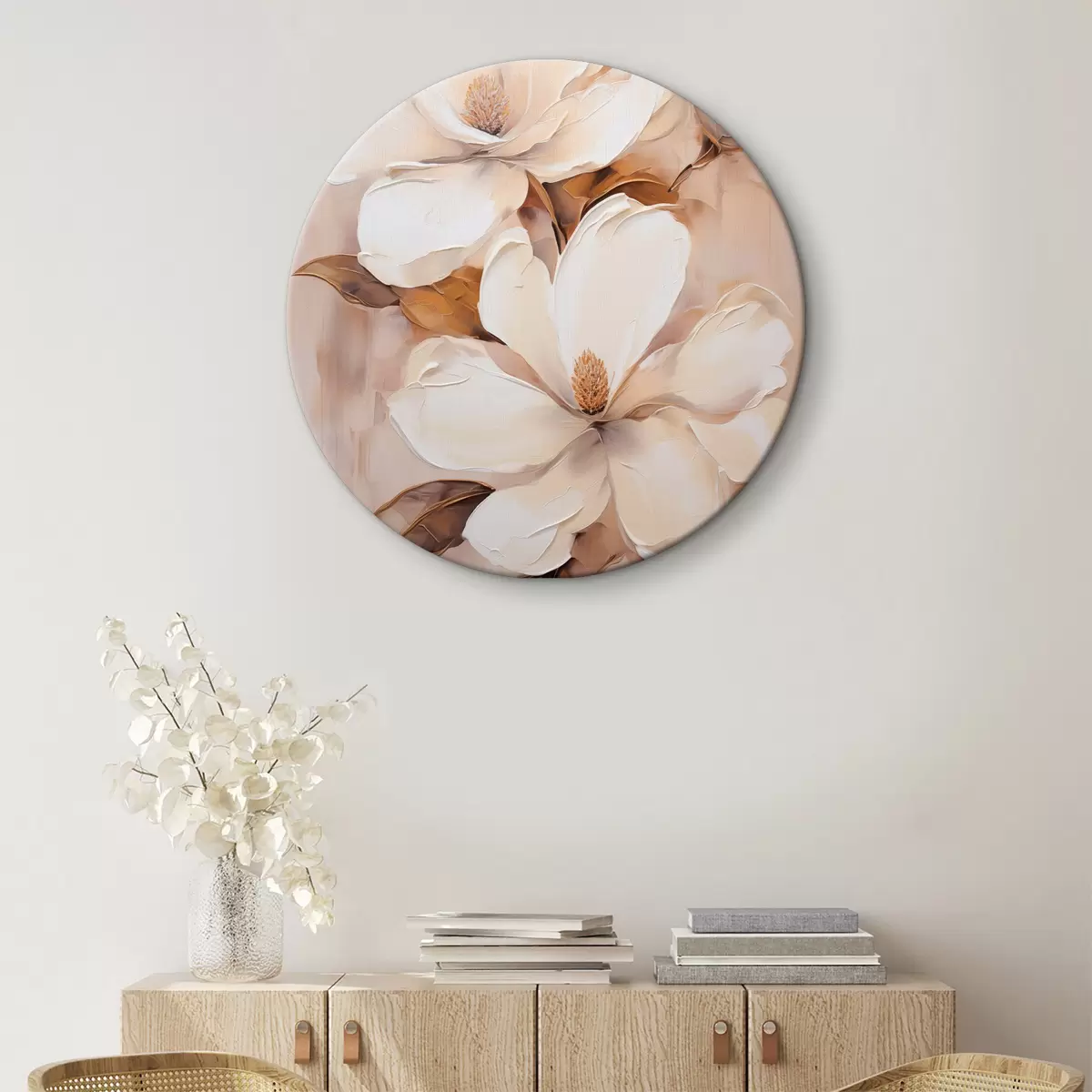 Tableaux rondes Fleurs de magnolia blanches sur un fond doux et flou de tons beiges et bruns, style peinture r45572