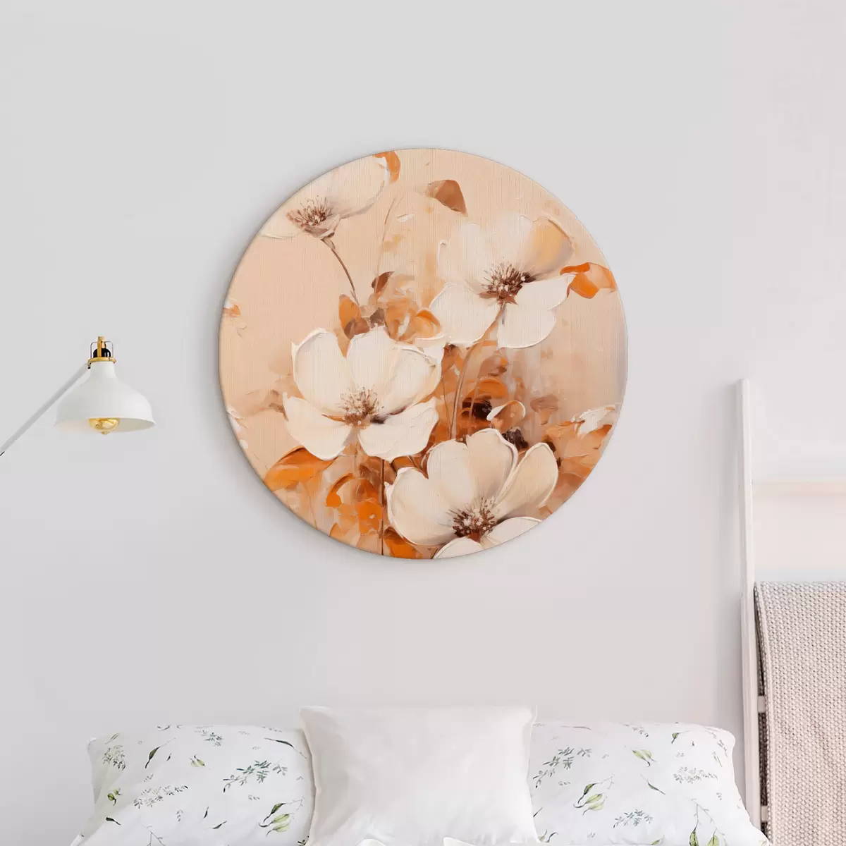 Tableaux rondes Fleurs blanches avec feuilles orange, coups de pinceau délicats, palette de couleurs chaudes, composition élégante r45573