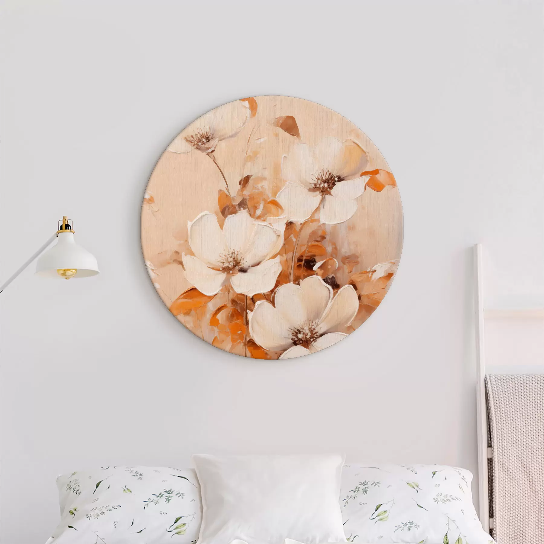 Tableau Fleurs blanches avec feuilles orange, coups de pinceau délicats, palette de couleurs chaudes, composition élégante r45573