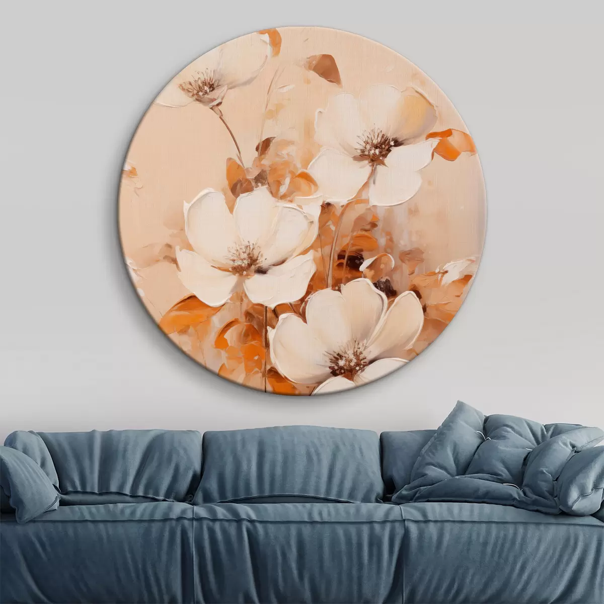 Tableaux rondes Fleurs blanches avec feuilles orange, coups de pinceau délicats, palette de couleurs chaudes, composition élégante r45573