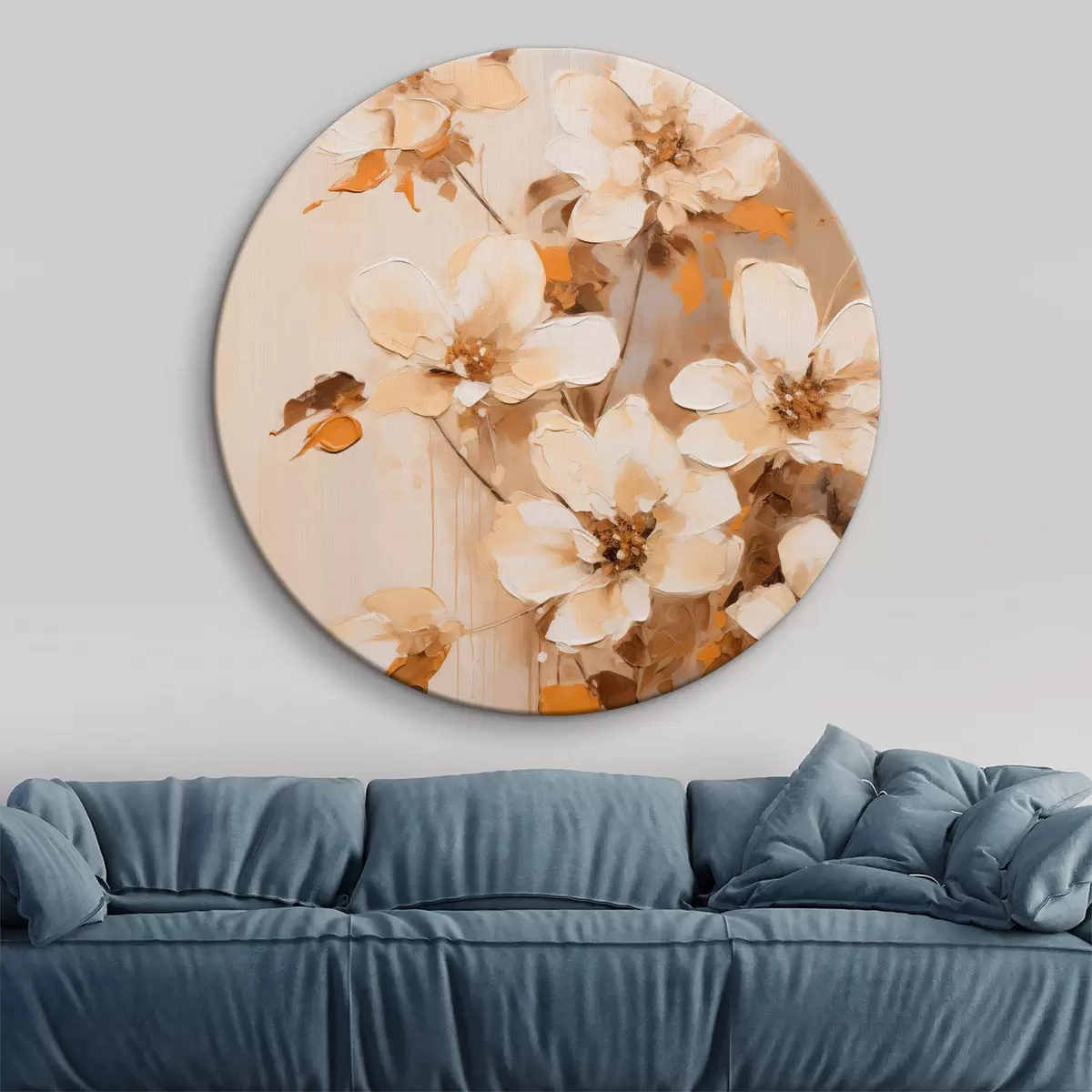 Tableaux rondes Fleurs blanches avec feuilles orange, coups de pinceau délicats, arrangement floral, art botanique r45574
