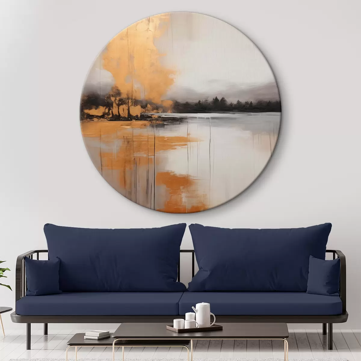 Tableaux rondes Un paysage abstrait avec un lac, un arbre et un brouillard jaune, l'eau se reflète et le ciel est nuageux r45575