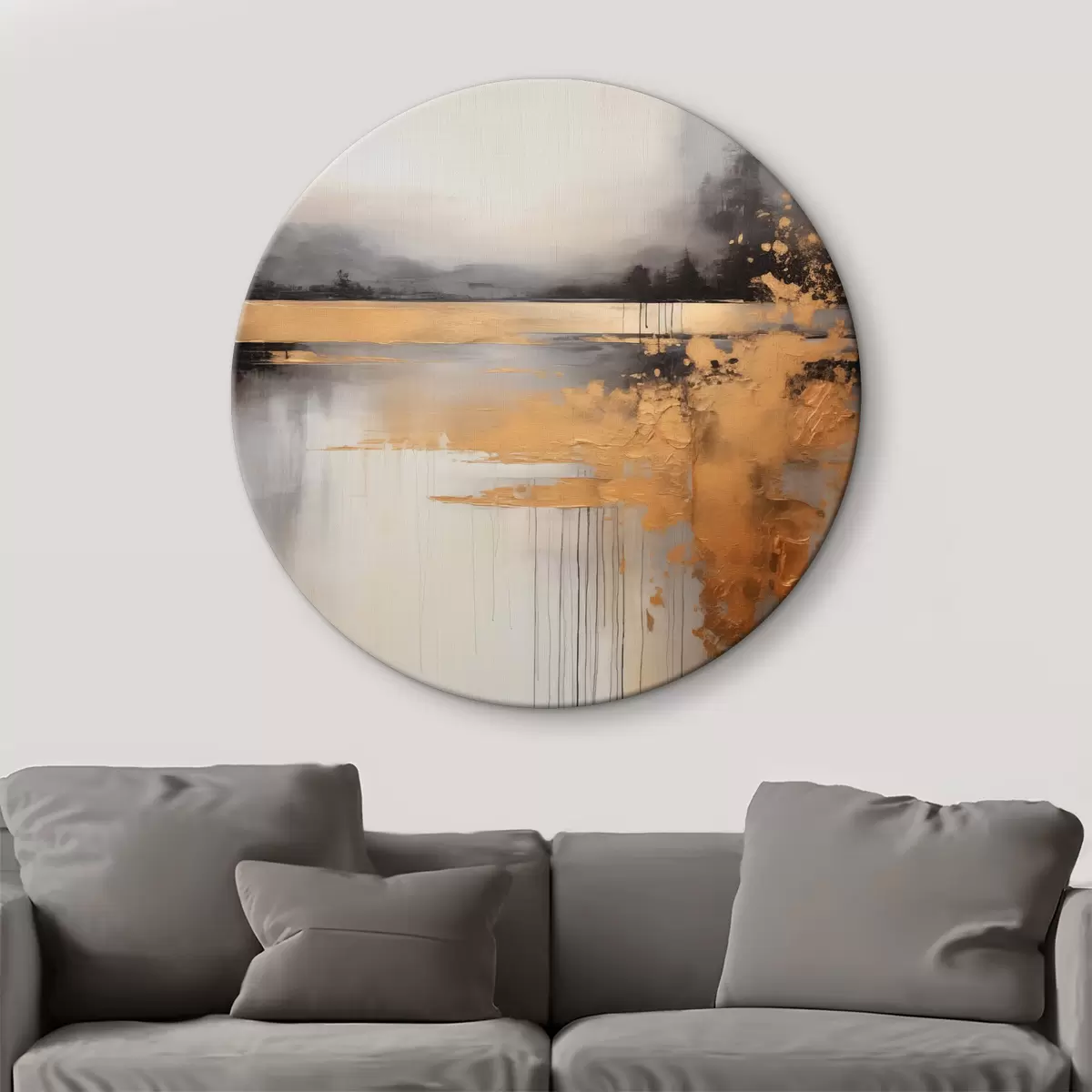Tableaux rondes Paysage abstrait texturé avec une rivière et des arbres sombres en arrière-plan, le ciel est nuageux r45576