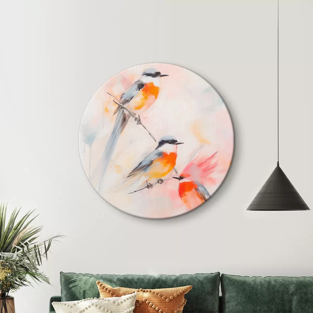 Tableaux rondes Oiseaux perchés sur des branches, couleurs douces et pastel, fond clair avec des teintes roses et blanches r45577