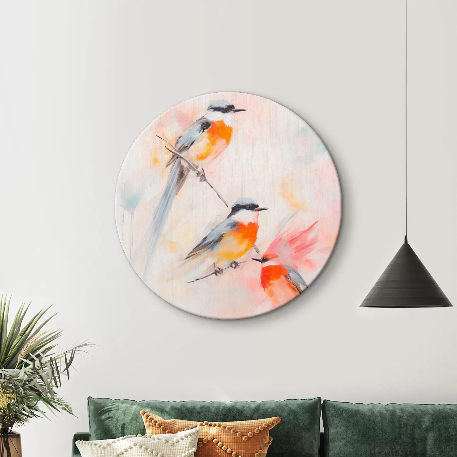 Tableau Oiseaux perchés sur des branches, couleurs douces et pastel, fond clair avec des teintes roses et blanches r45577