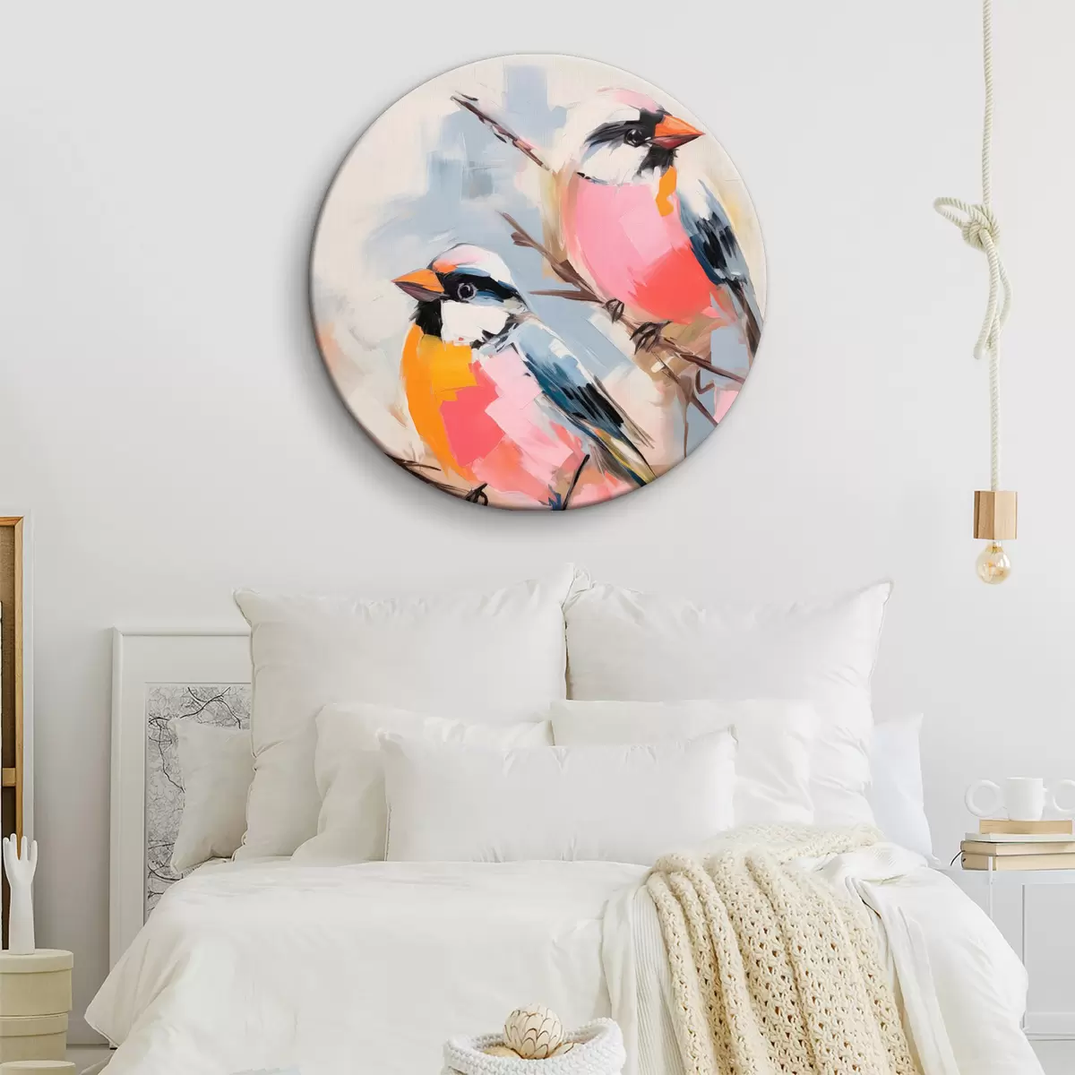 Tableaux rondes Oiseaux colorés perchés sur une branche sur un fond doux aux couleurs pastel r45578