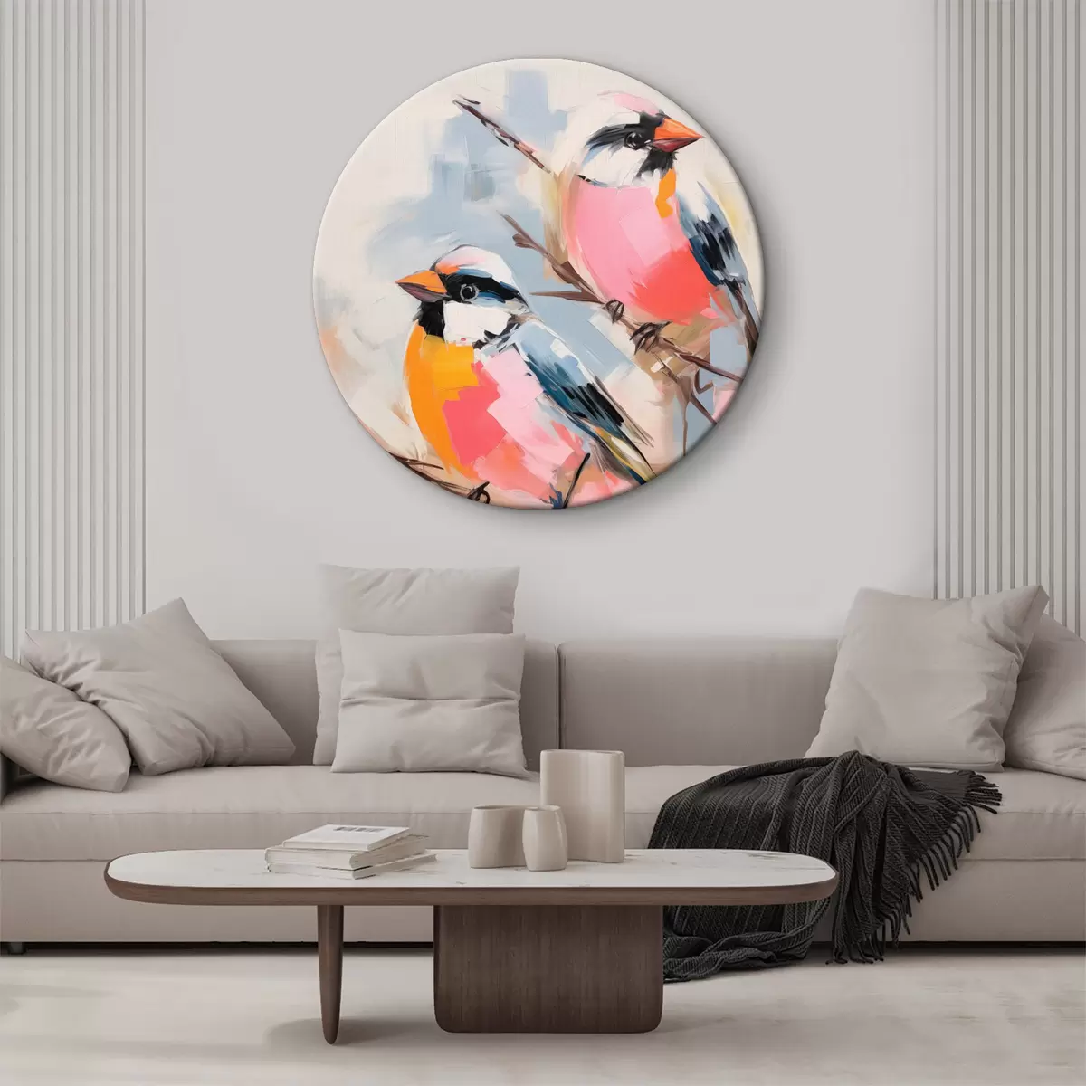 Tableaux rondes Oiseaux colorés perchés sur une branche sur un fond doux aux couleurs pastel r45578