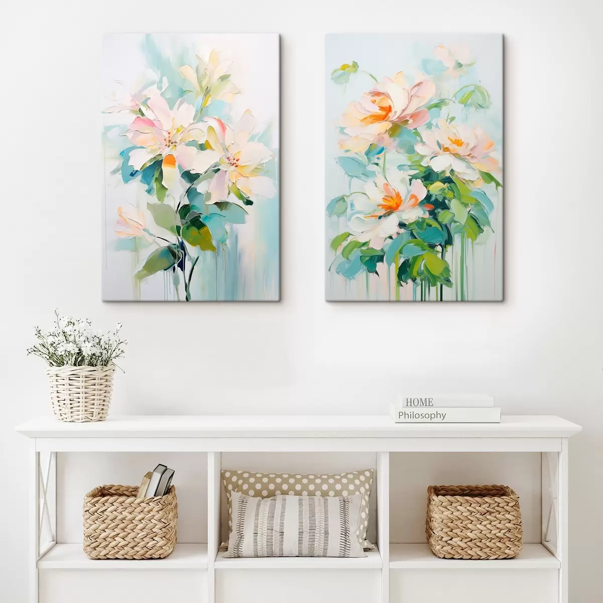 Tableau Fleurs de pêche blanches et pastel, feuilles vertes, coups de pinceau doux imitation peinture à l'huile, fond bleu clair m00644