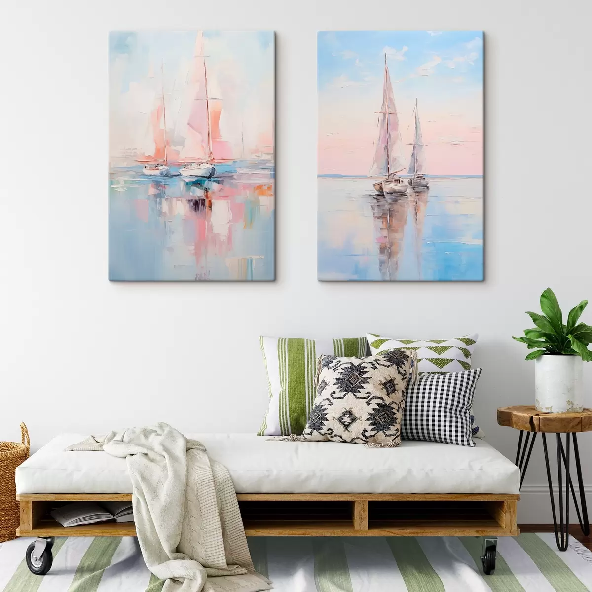 Tableau Voiliers aux voiles roses flottant sur une mer calme, reflets des bateaux dans l'eau, couleurs douces et pastel m00648
