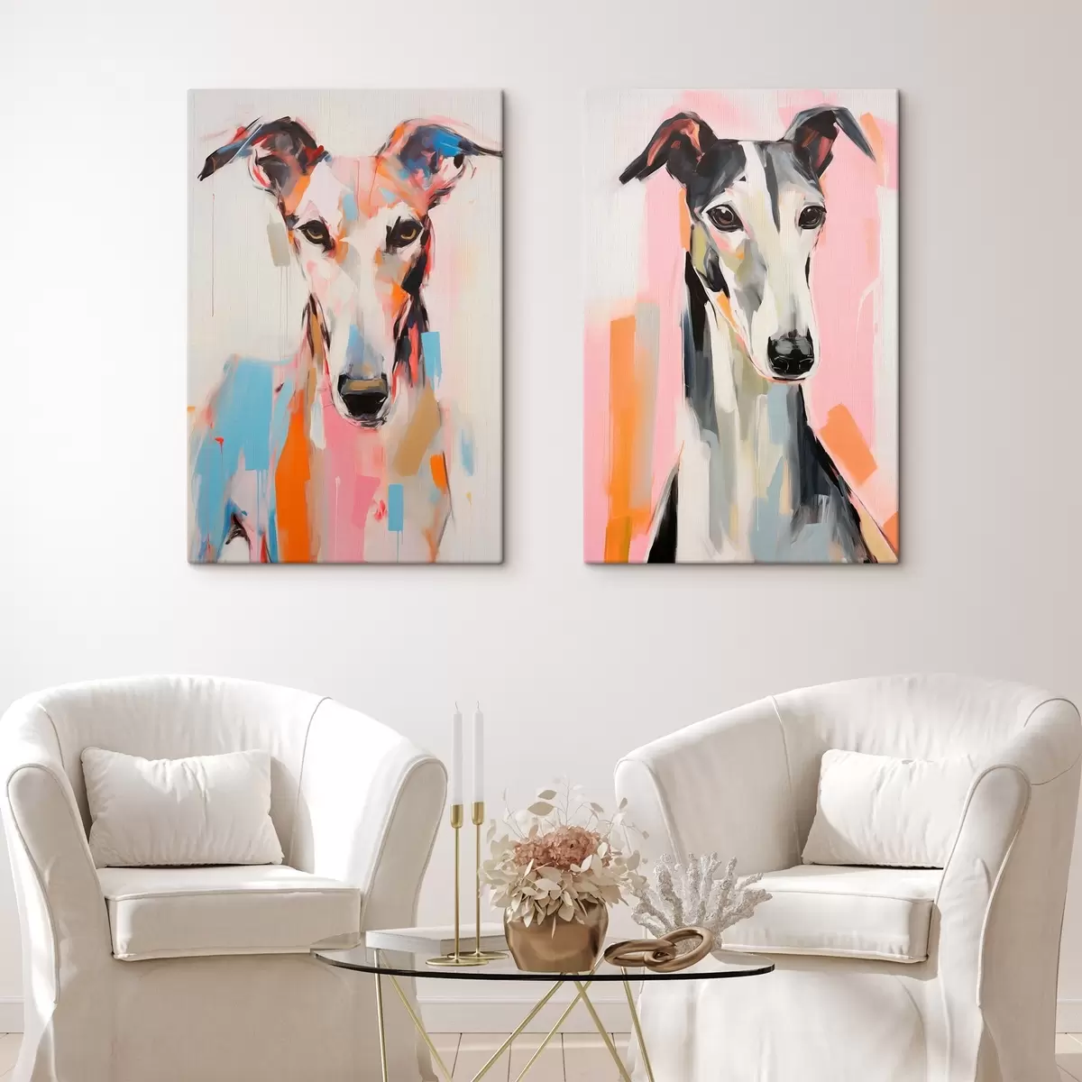 Tableau Un chien lévrier, peint avec des couleurs vives comme l'orange, le rose et le bleu, sur un fond blanc uni m00652