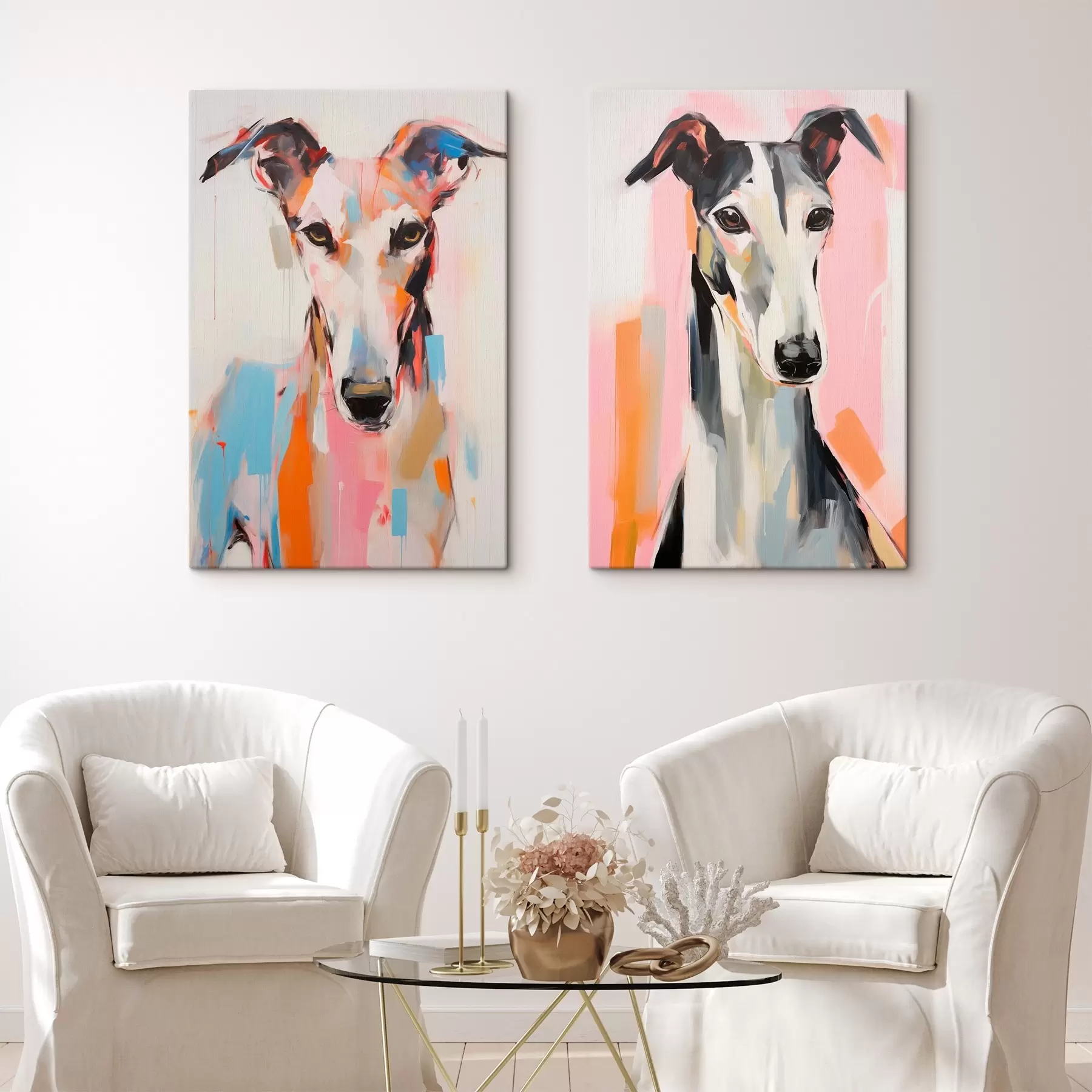Tableau Un chien lévrier, peint avec des couleurs vives comme l'orange, le rose et le bleu, sur un fond blanc uni m00652