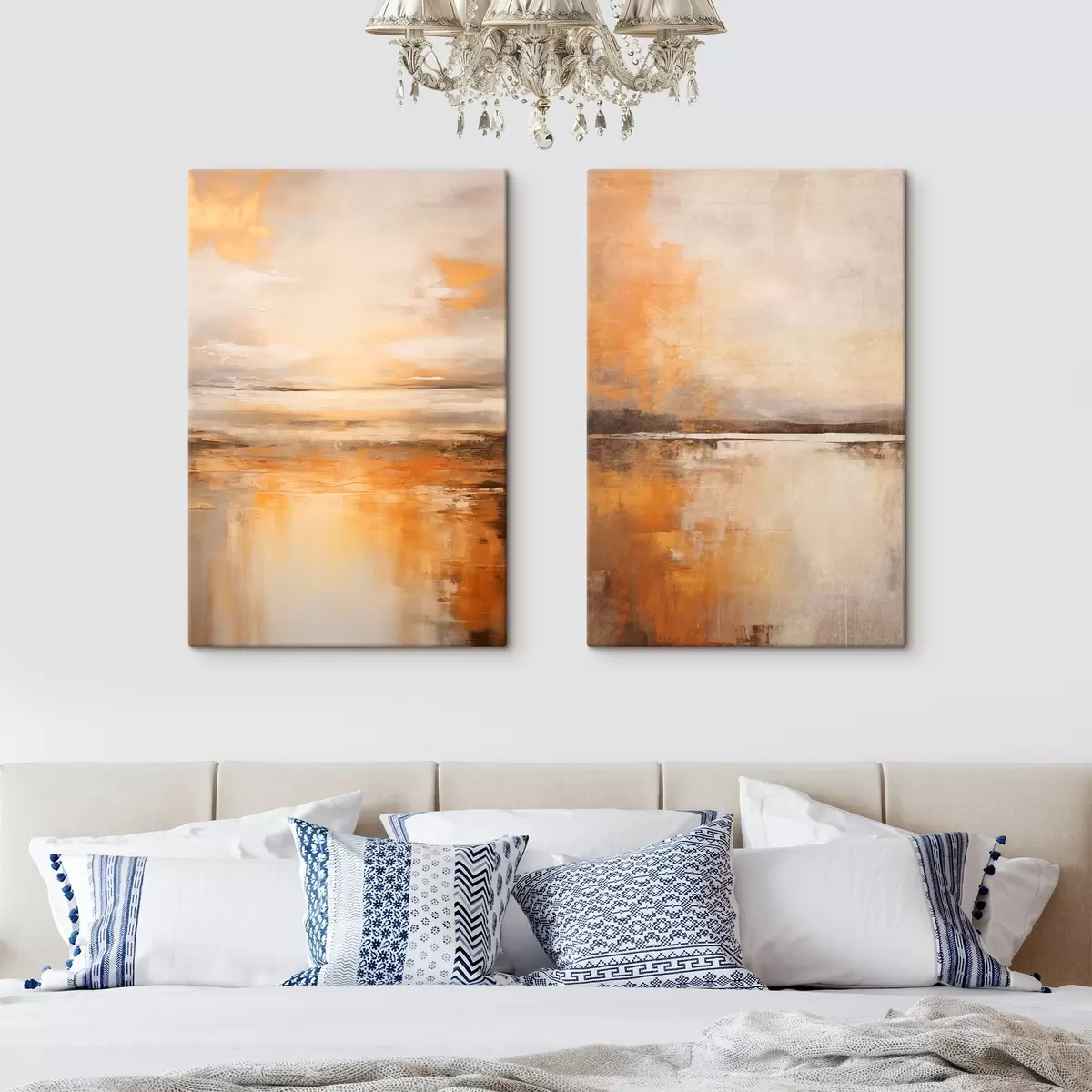Tableau Peinture abstraite d'un paysage de plage avec un océan calme, du sable orange et un ciel nuageux avec du soleil m00653