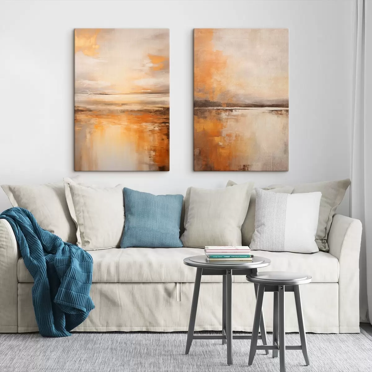 Tableau Peinture abstraite d'un paysage de plage avec un océan calme, du sable orange et un ciel nuageux avec du soleil m00653