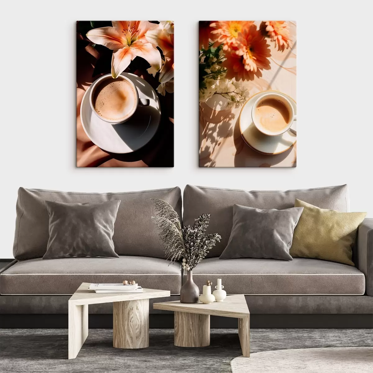 Tableau Une tasse de café avec de la mousse sur une assiette blanche, quelques fleurs en arrière-plan, avec la lumière du soleil m00654