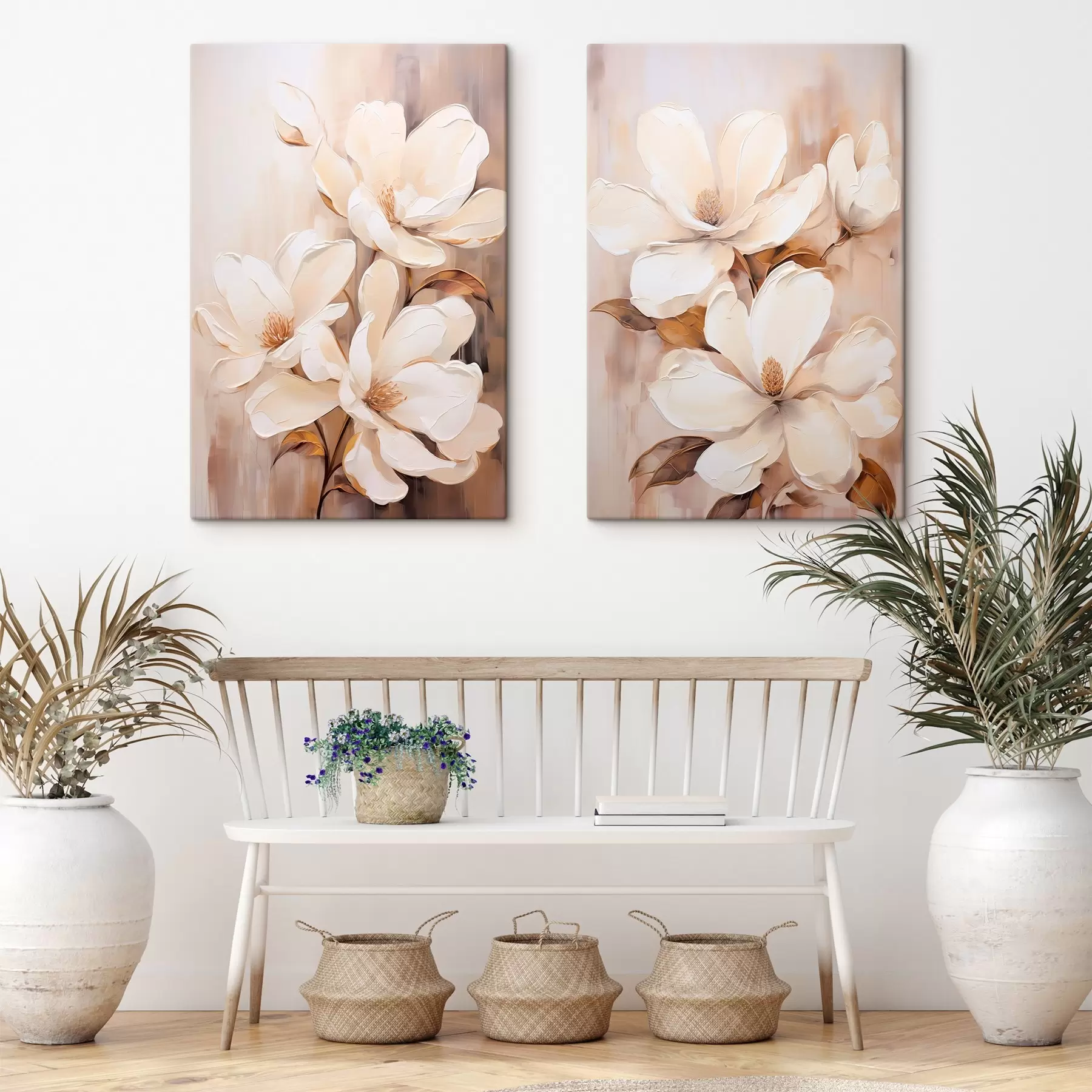 Tableau Fleurs de magnolia blanches sur un fond doux et flou de tons beiges et bruns, style peinture m00655