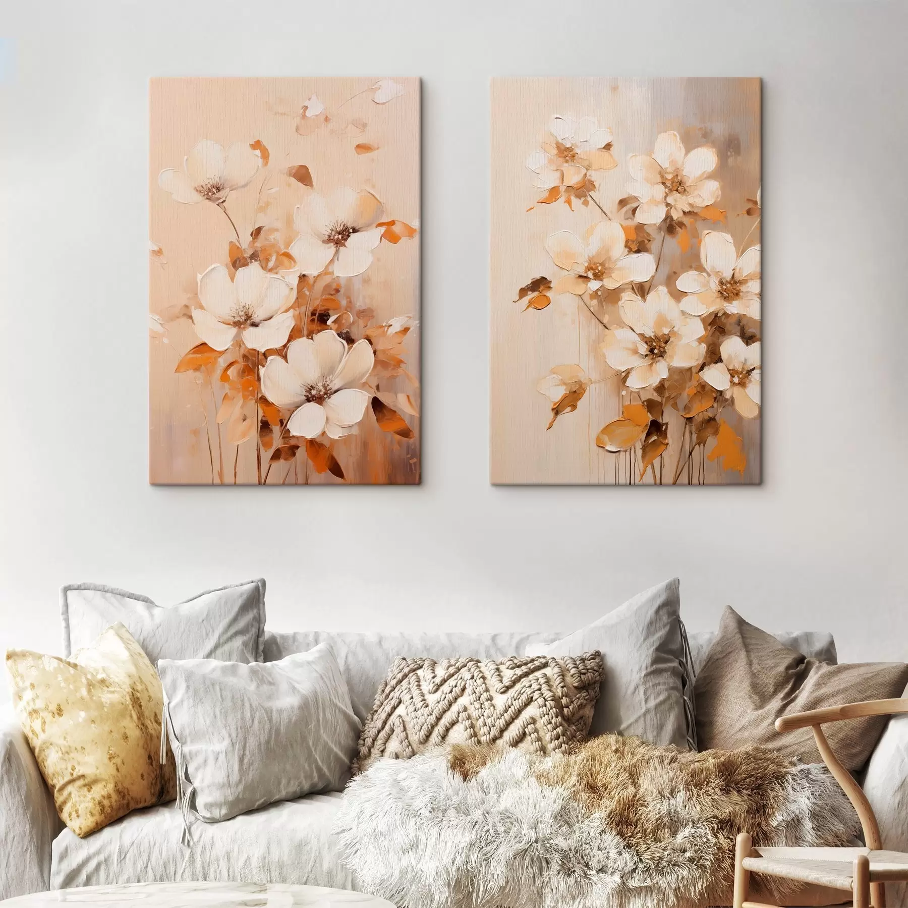 Tableau Fleurs blanches avec feuilles orange, coups de pinceau délicats, palette de couleurs chaudes, composition élégante m00656