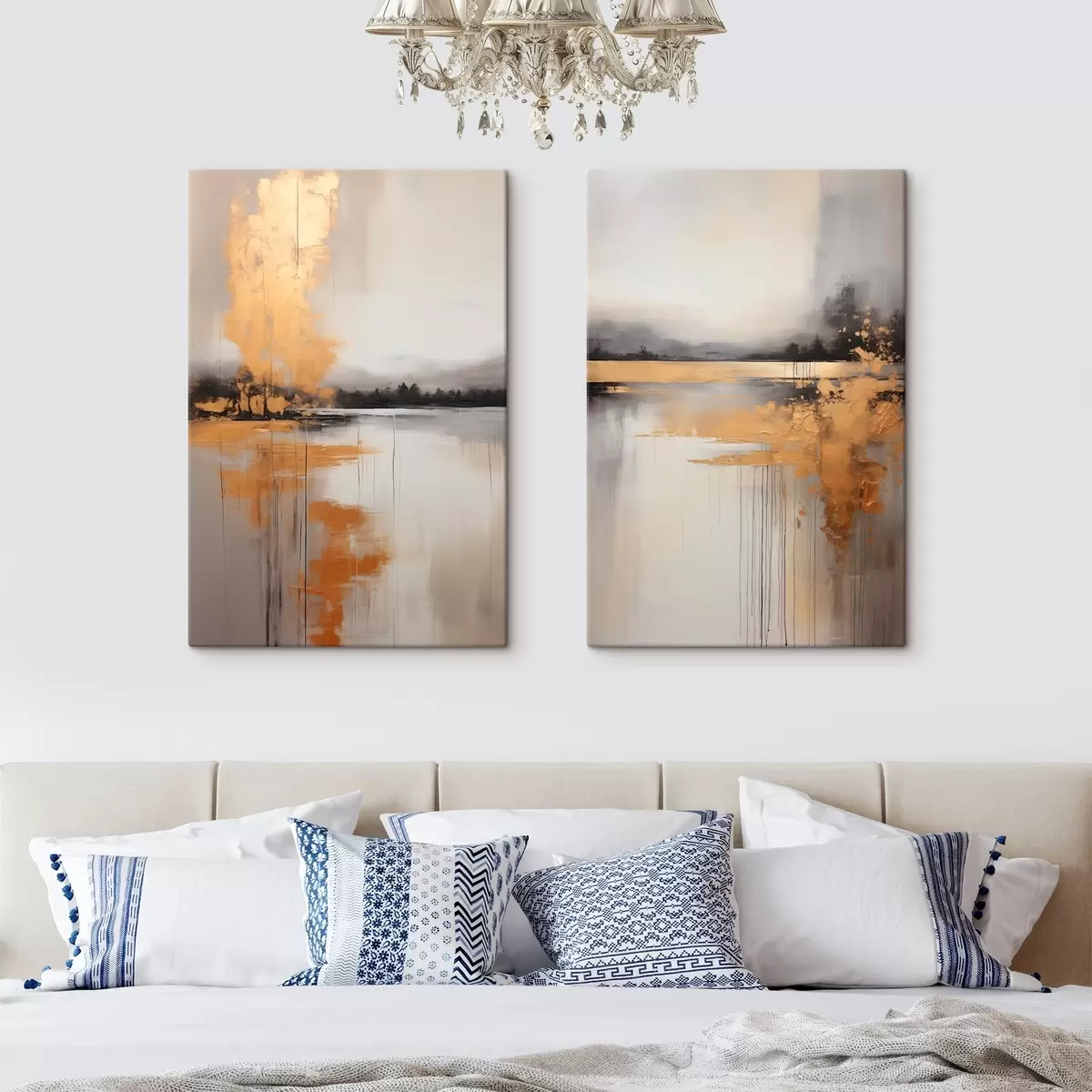 Tableau Un paysage abstrait avec un lac, un arbre et un brouillard jaune, l'eau se reflète et le ciel est nuageux m00657