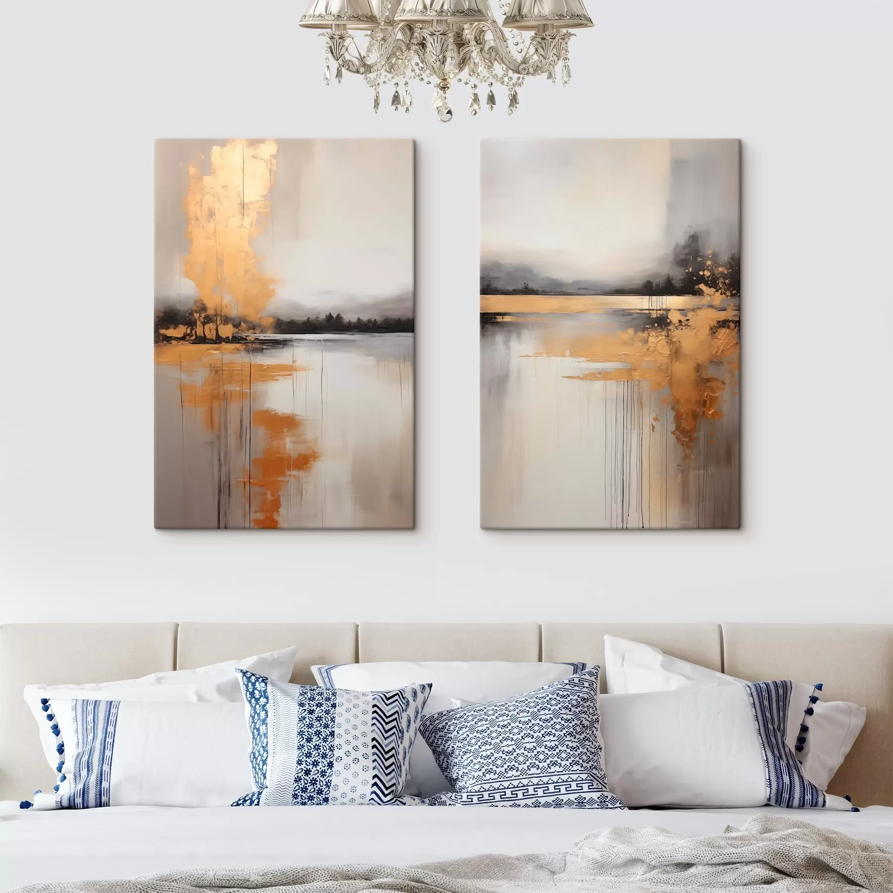 Tableau Un paysage abstrait avec un lac, un arbre et un brouillard jaune, l'eau se reflète et le ciel est nuageux m00657