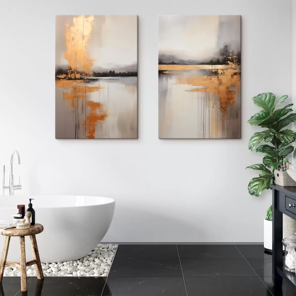 Tableau Un paysage abstrait avec un lac, un arbre et un brouillard jaune, l'eau se reflète et le ciel est nuageux m00657