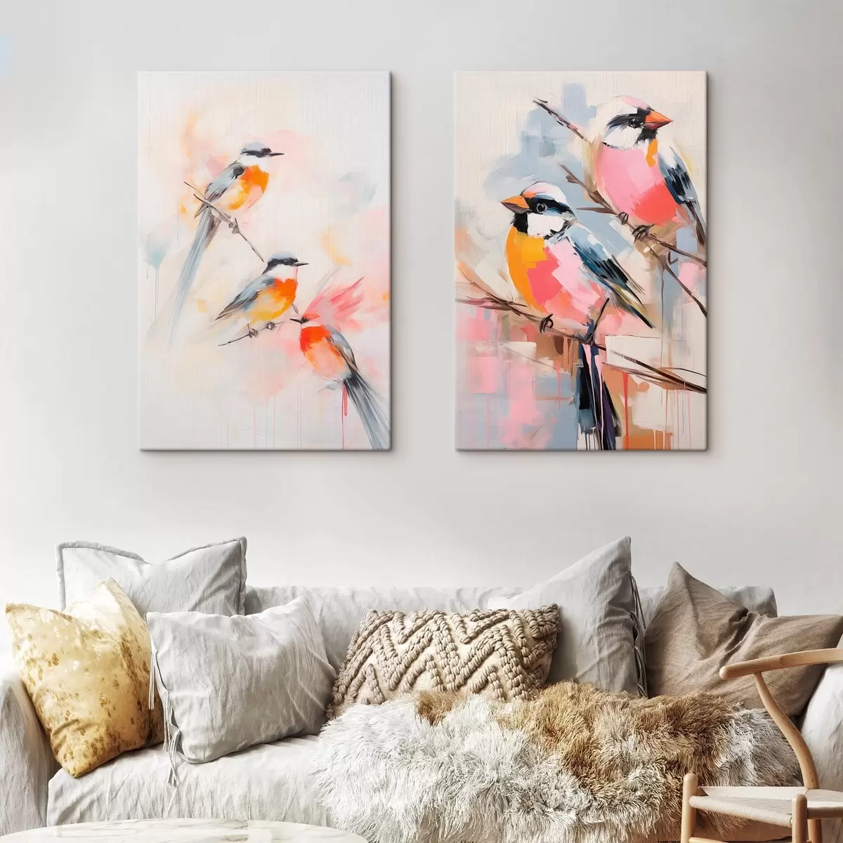 Tableau Oiseaux perchés sur des branches, couleurs douces et pastel, fond clair avec des teintes roses et blanches m00658
