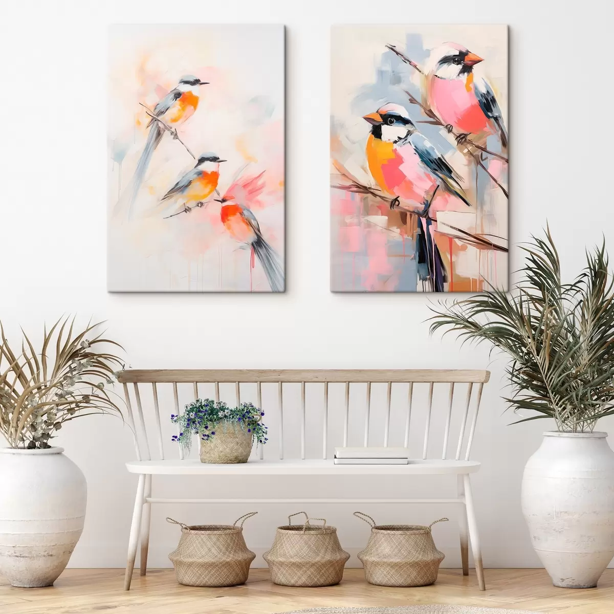 Tableau Oiseaux perchés sur des branches, couleurs douces et pastel, fond clair avec des teintes roses et blanches m00658