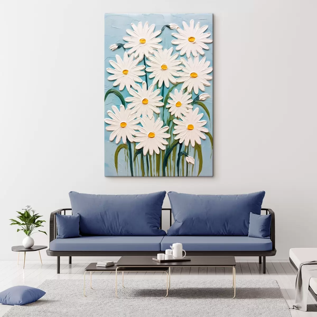 Tableau Marguerites dans le style de la peinture en relief : composition sur fond bleu s45527