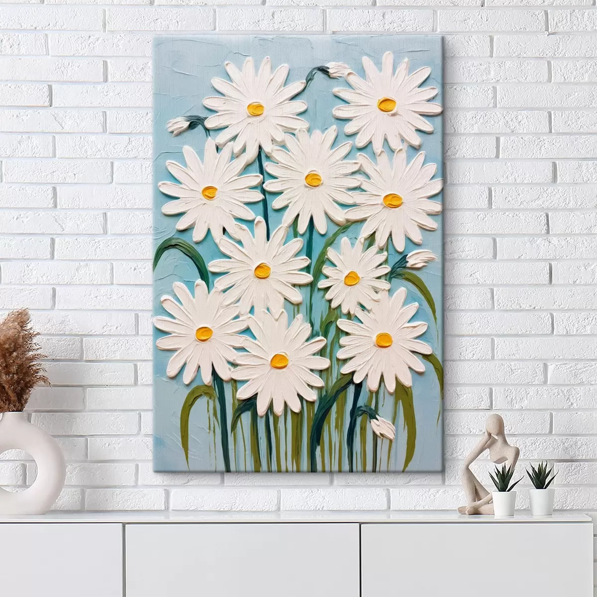 Tableau Marguerites dans le style de la peinture en relief : composition sur fond bleu s45527