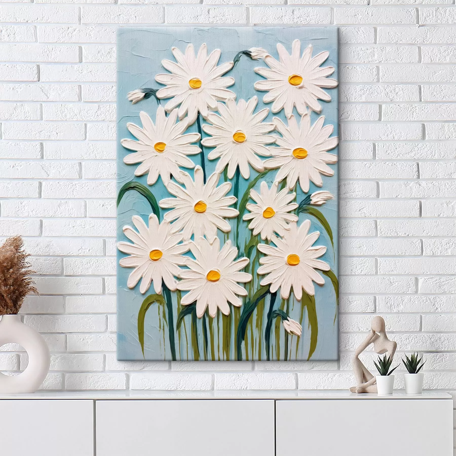 Tableau Marguerites dans le style de la peinture en relief : composition sur fond bleu s45527