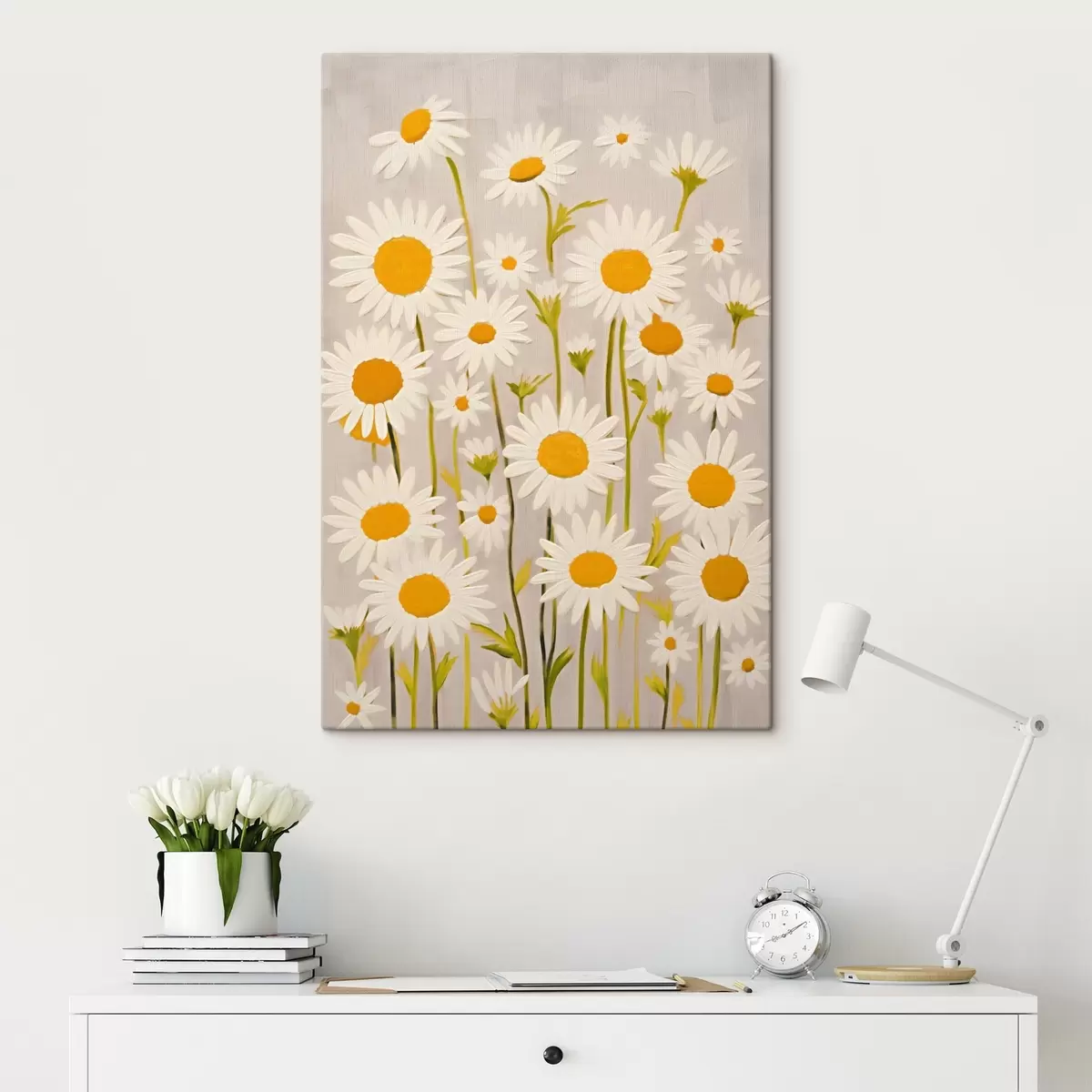 Tableau Fleurs sauvages : composition de marguerites sur fond clair s45528