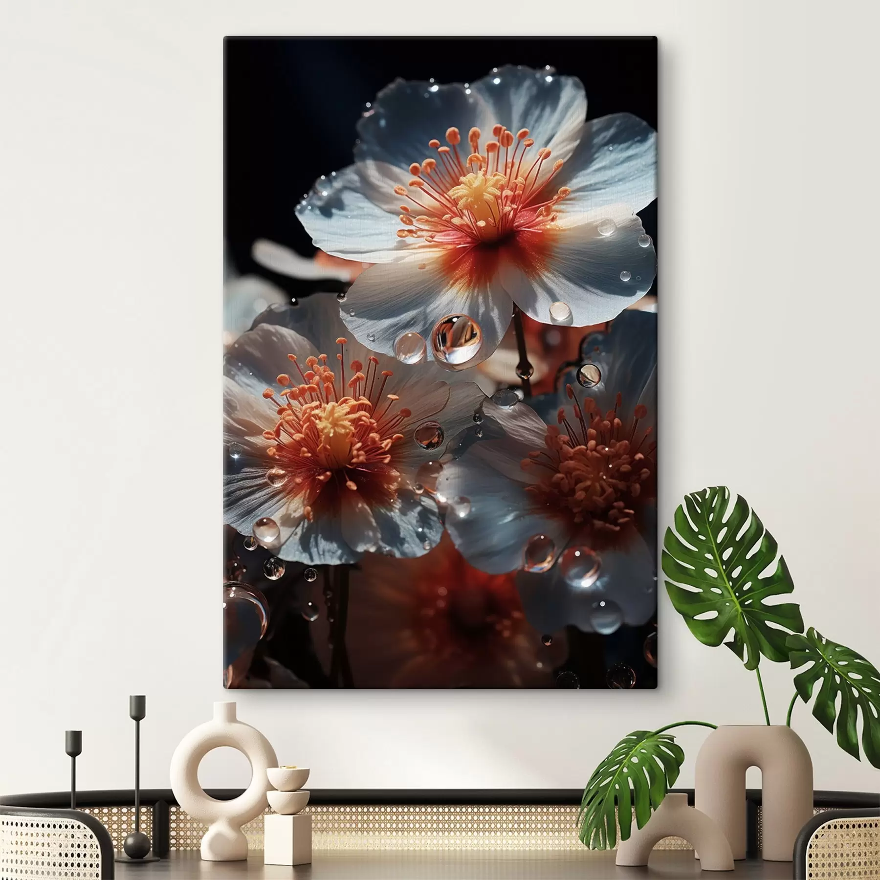 Tableau Motif floral : beauté des pétales avec rosée sur fond sombre s45529