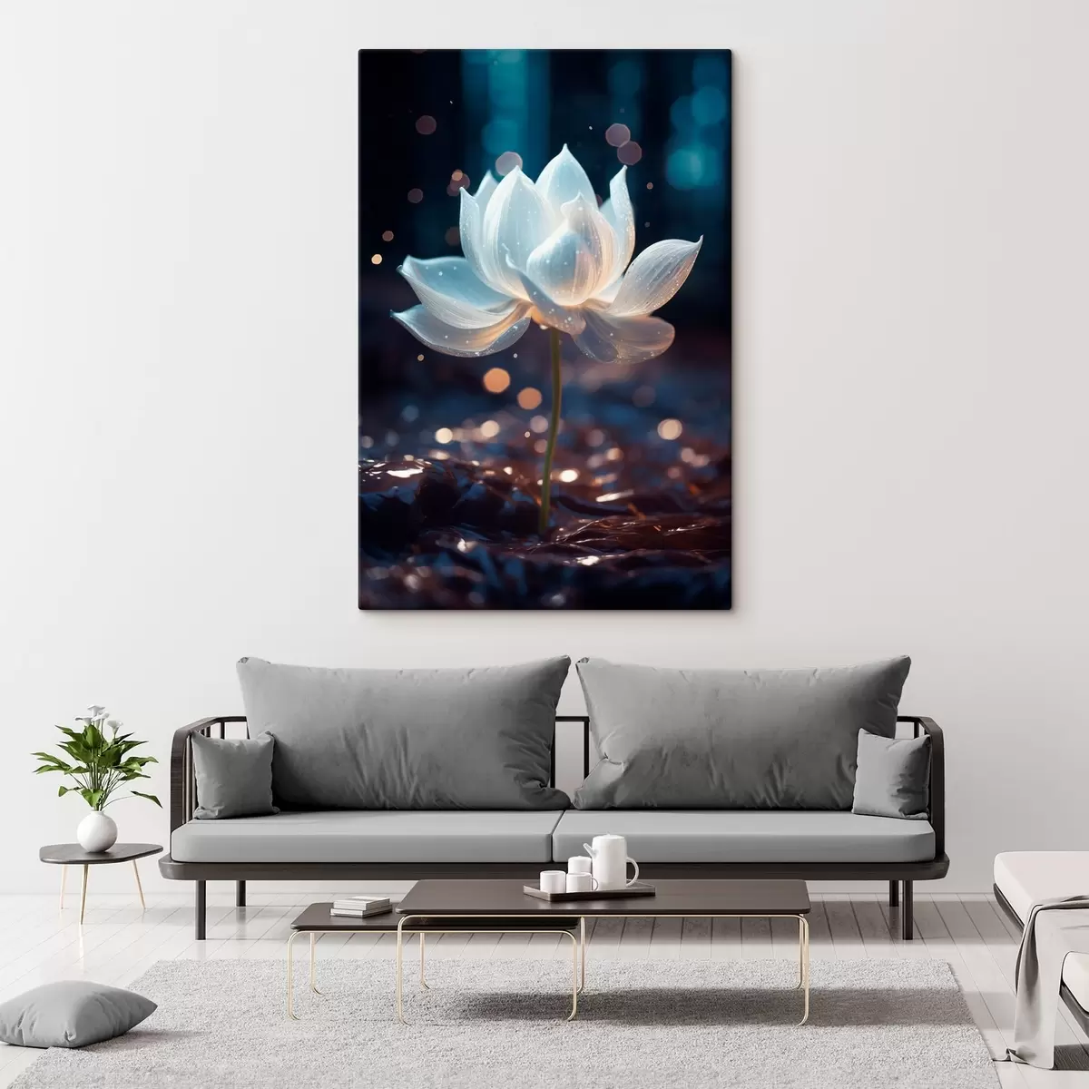 Tableau Lotus frais : composition de fleurs sur fond sombre s45530