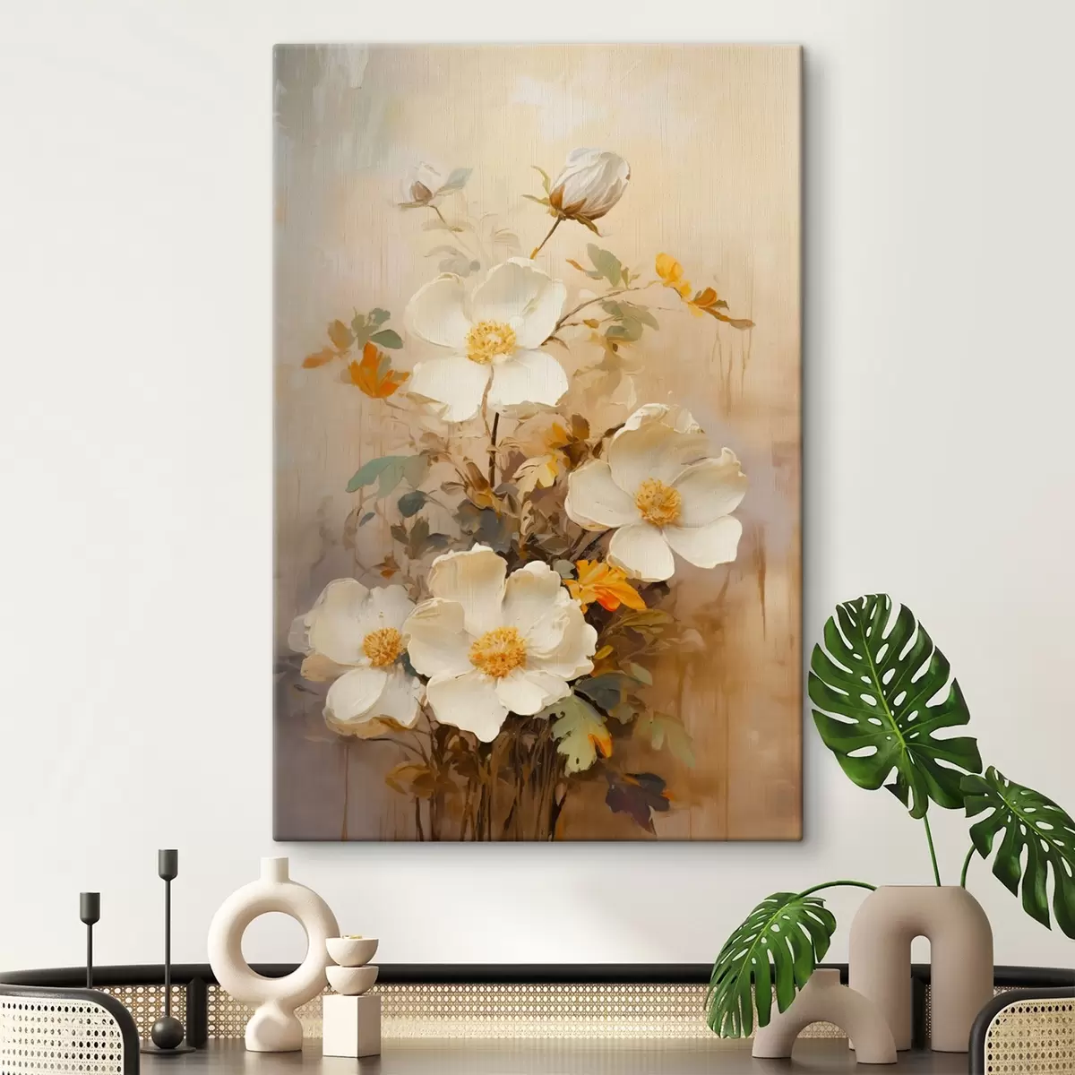 Tableau Fleurs blanches : composition picturale dans des tons pastel s45533