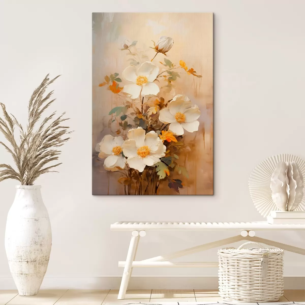 Tableau Fleurs blanches : composition picturale dans des tons pastel s45533