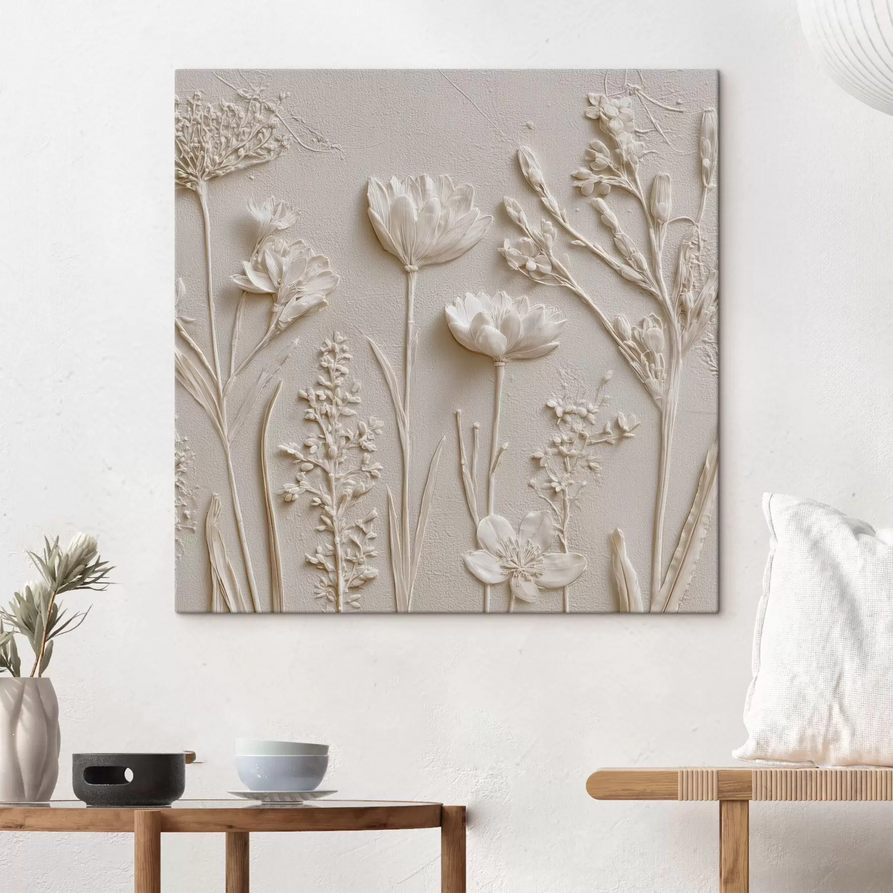 Tableau Composition abstraite : style bas-relief avec des fleurs sur un fond clair s45535
