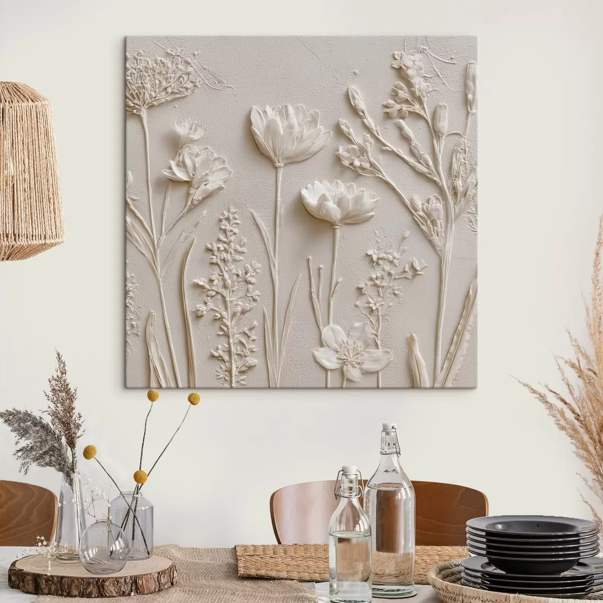 Tableau Composition abstraite : style bas-relief avec des fleurs sur un fond clair s45535