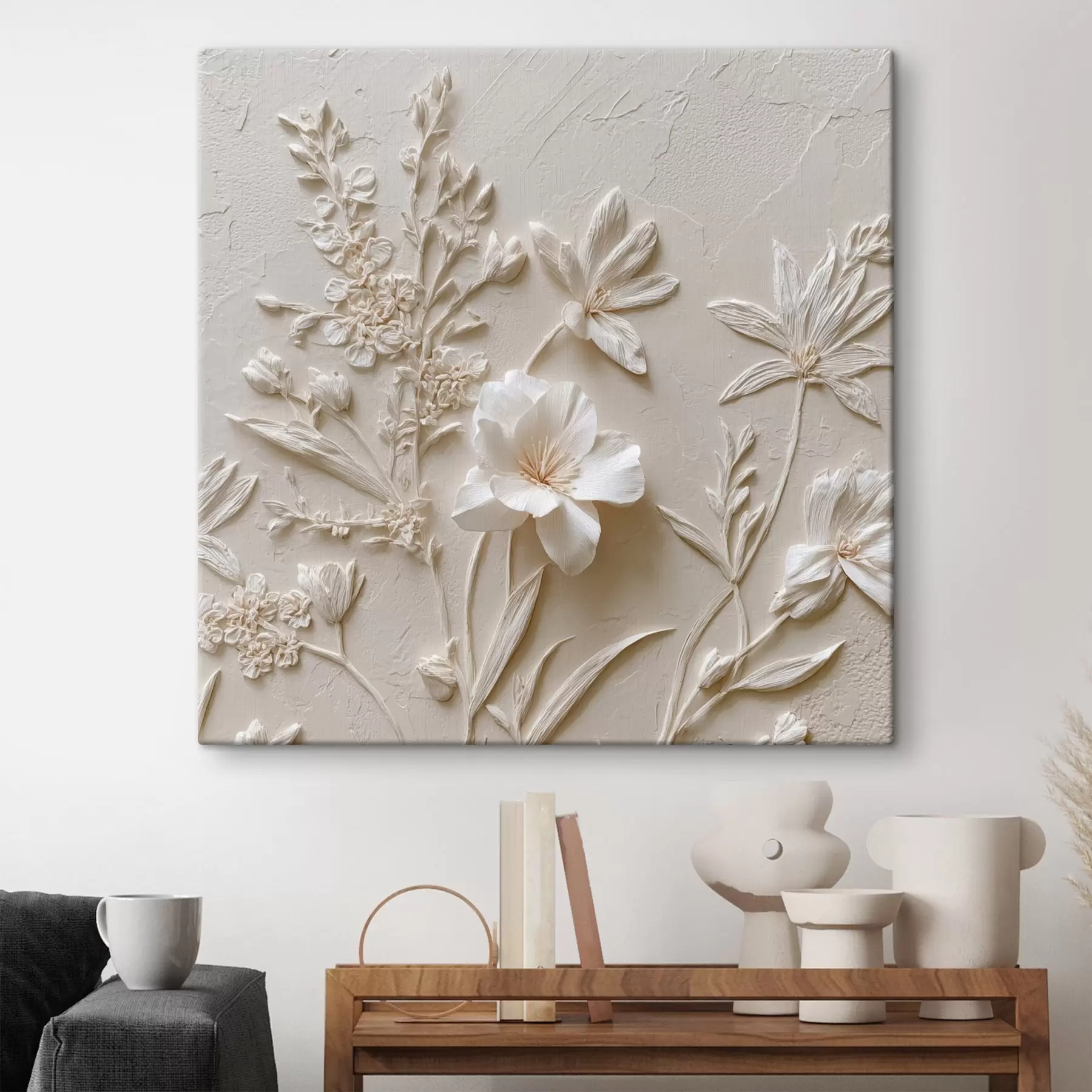 Tableau Motif floral : style bas-relief avec des plantes sur un fond clair s45536