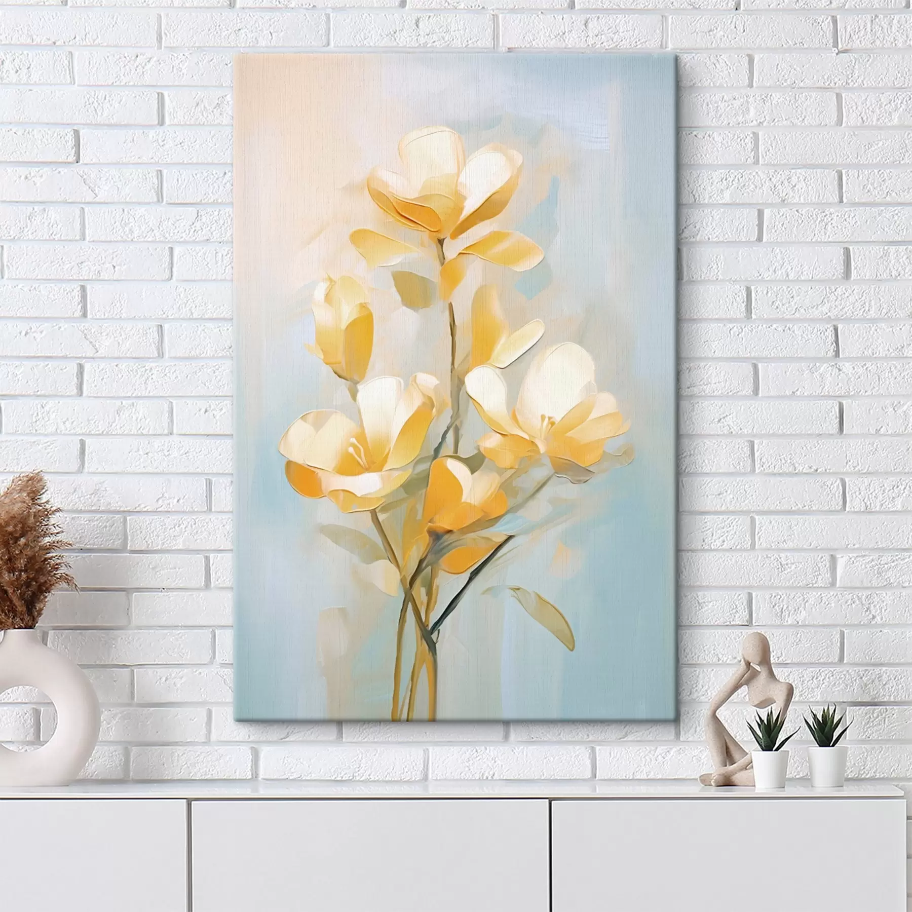 Tableau Motif floral : bouquet dans les tons jaune clair et bleu s45540