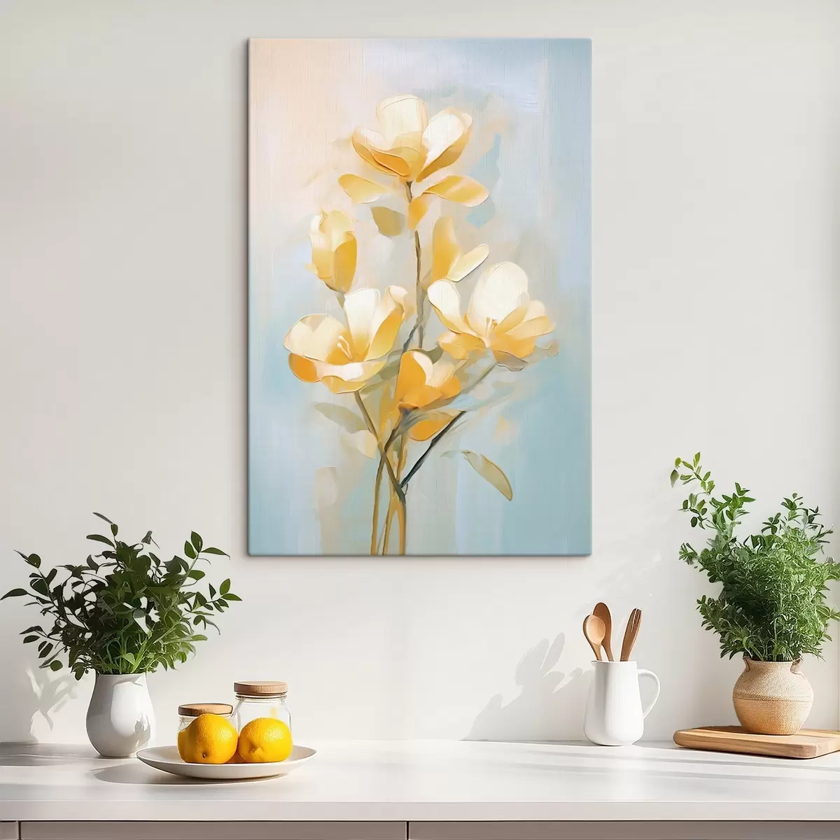 Tableau Motif floral : bouquet dans les tons jaune clair et bleu s45540