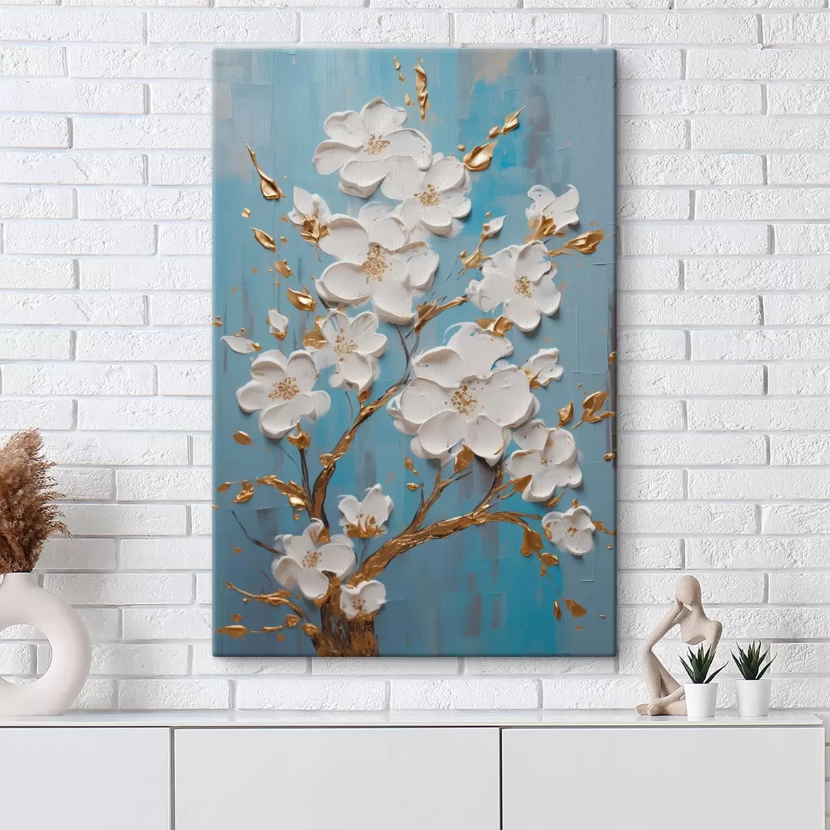 Tableau Fleurs blanches sur une branche : motif décoratif dans les tons bleu clair s45541